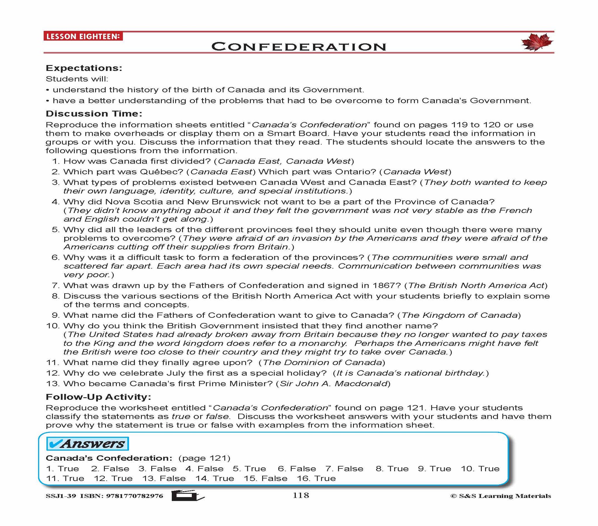 Canadian Government Lessons: Confederation Grades 5+