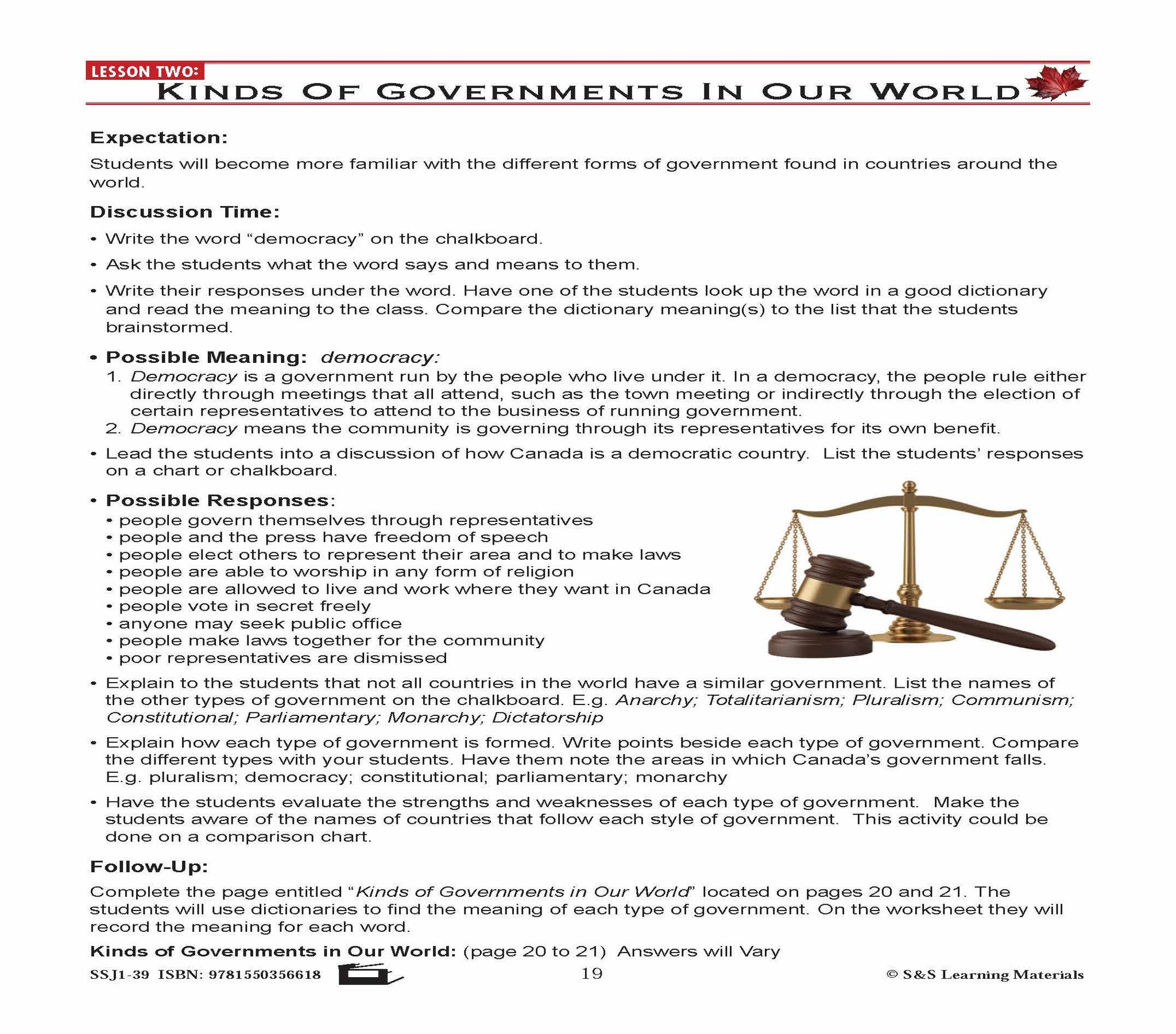 Canadian Government Lessons: Kinds of Governments In Our World Grades 5+