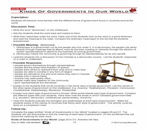 Canadian Government Lessons: Kinds of Governments In Our World Grades 5+