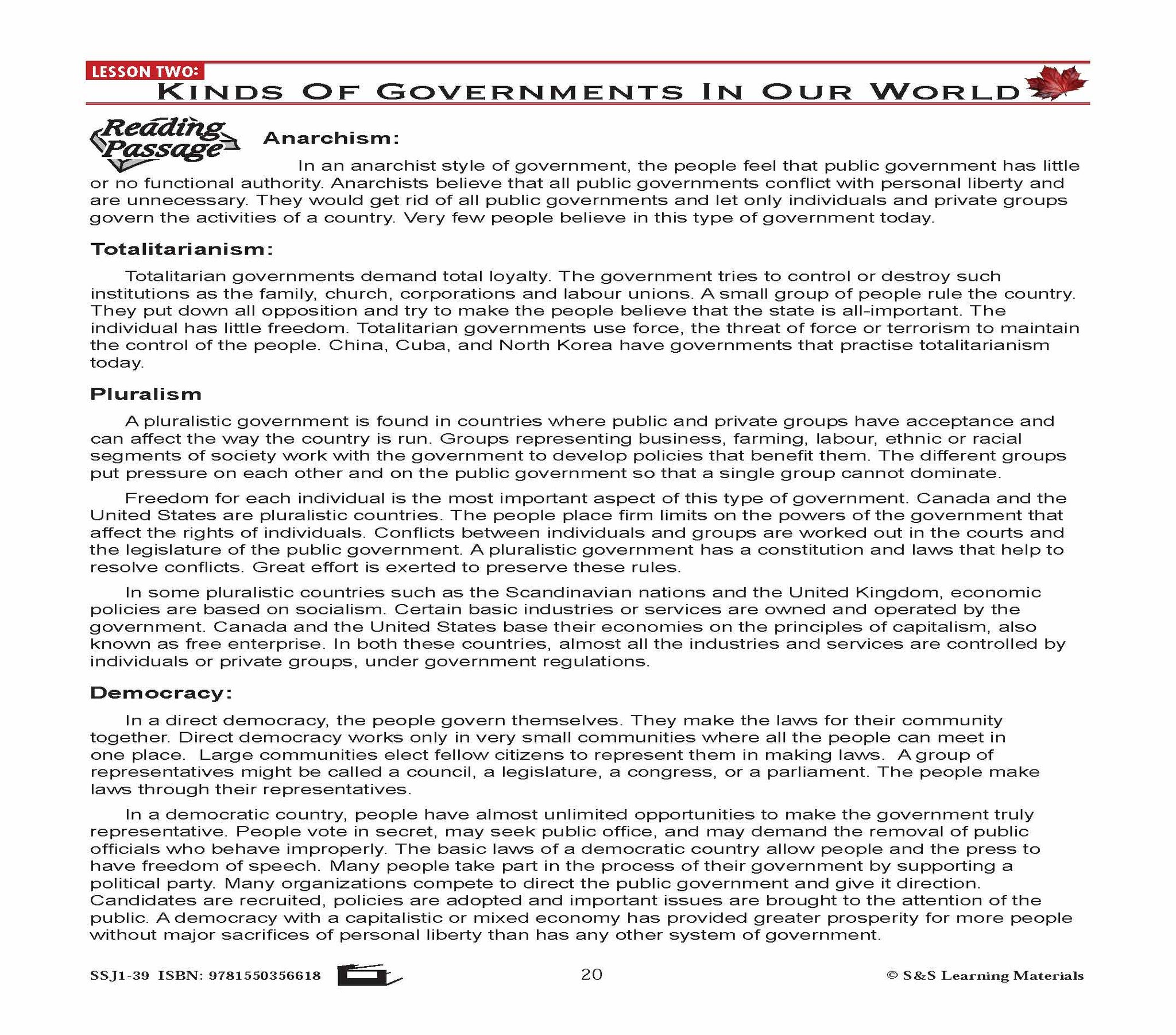 Canadian Government Lessons: Kinds of Governments In Our World Grades 5+
