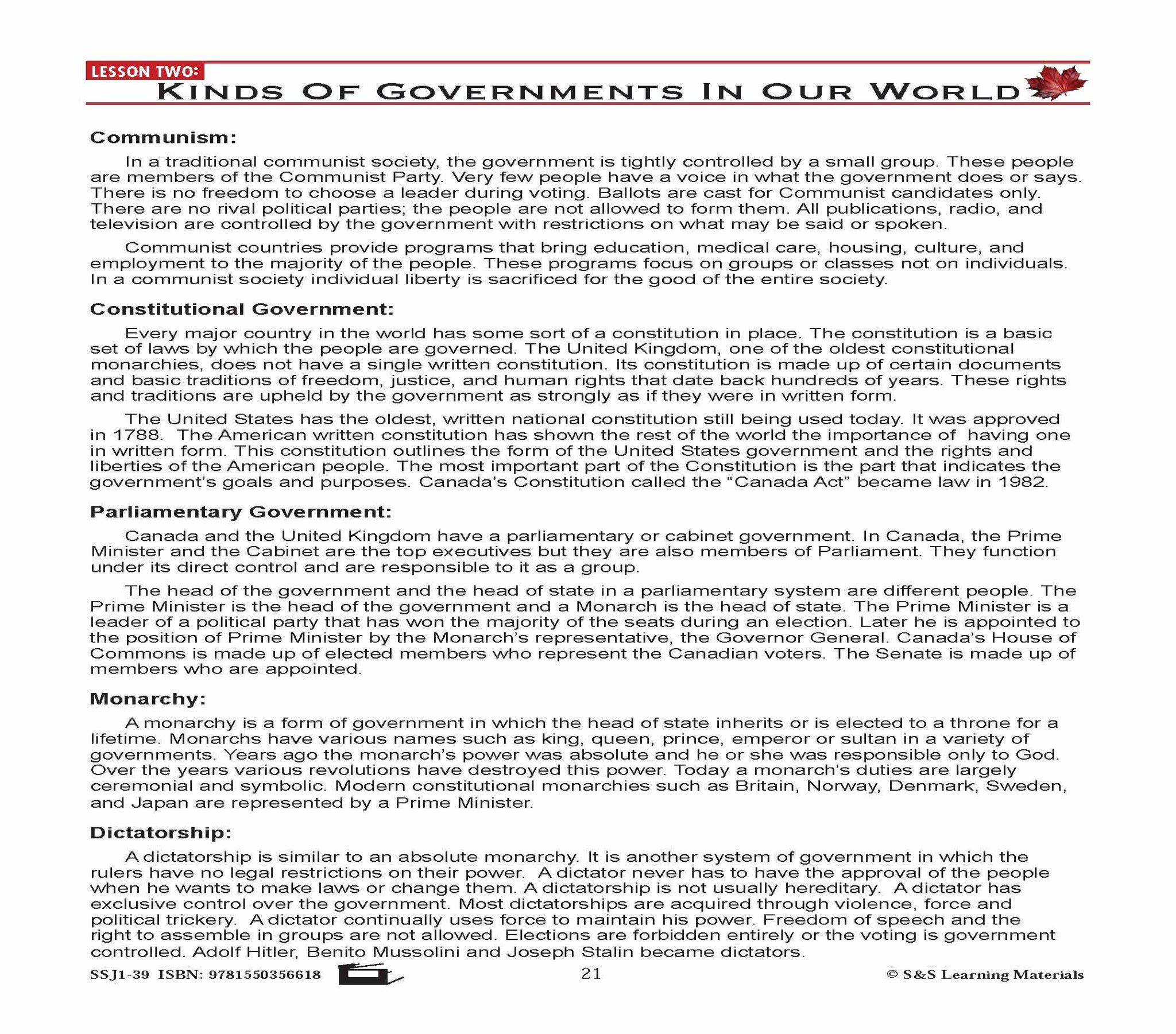 Canadian Government Lessons: Kinds of Governments In Our World Grades 5+