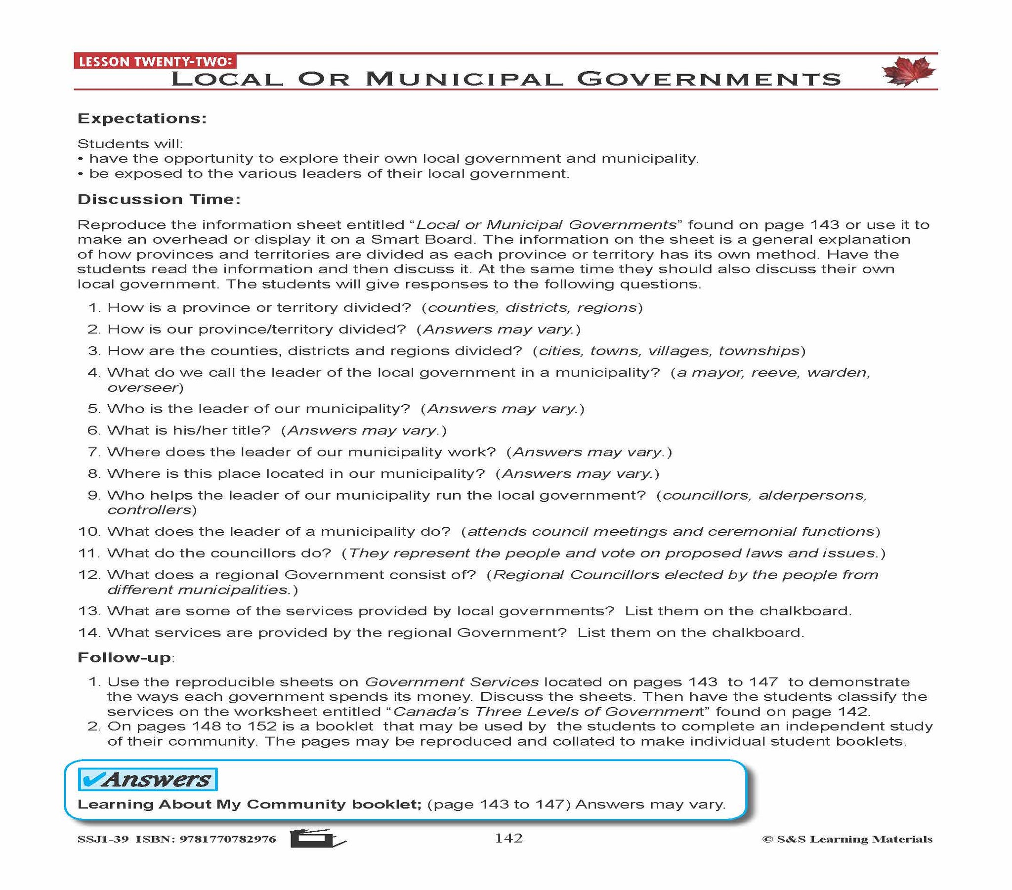 Canadian Government Lessons: Local or Municipal Governments Grades 5+