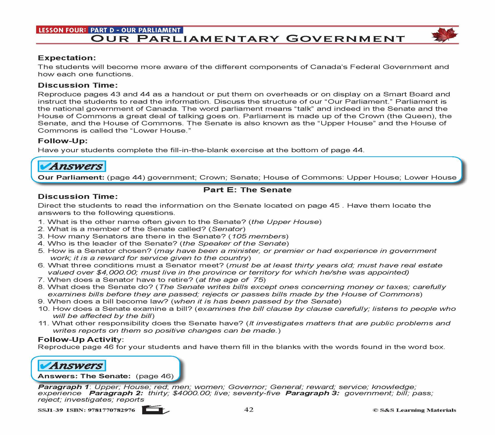 Canadian Government Lesson: Our Parliment Grades 5+