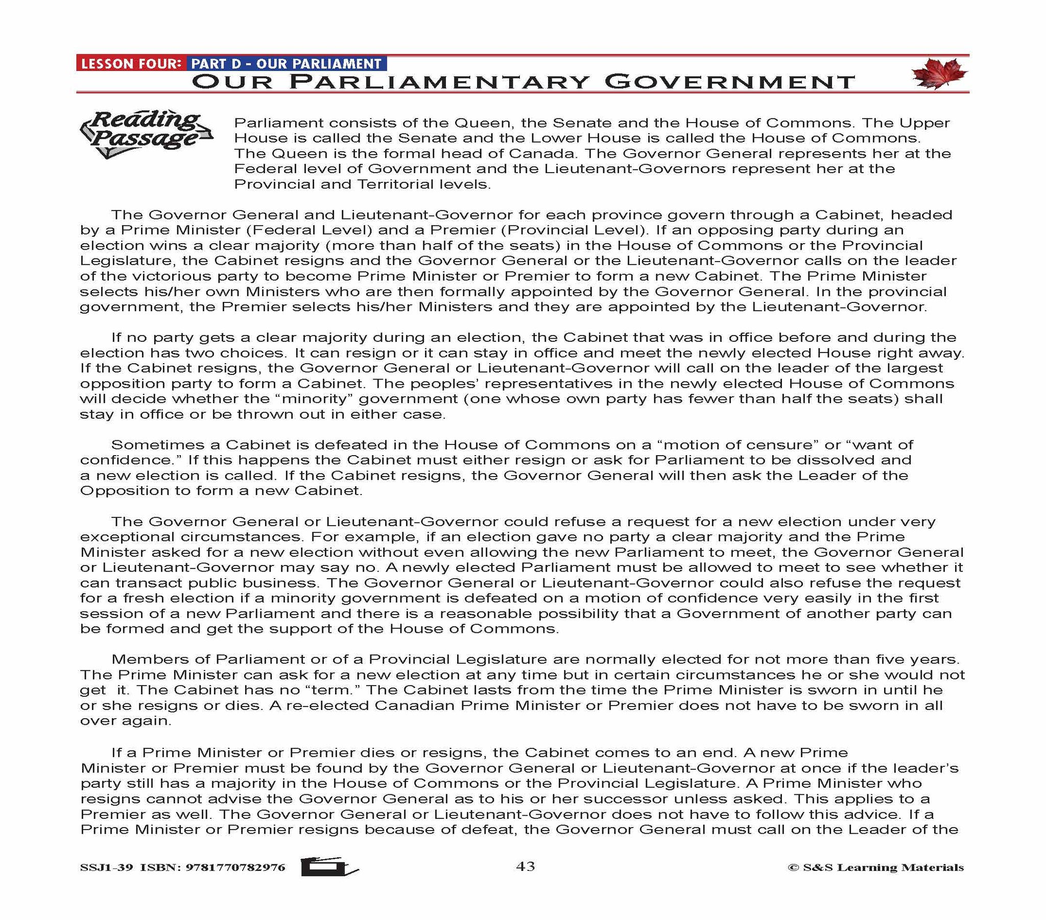 Canadian Government Lesson: Our Parliment Grades 5+