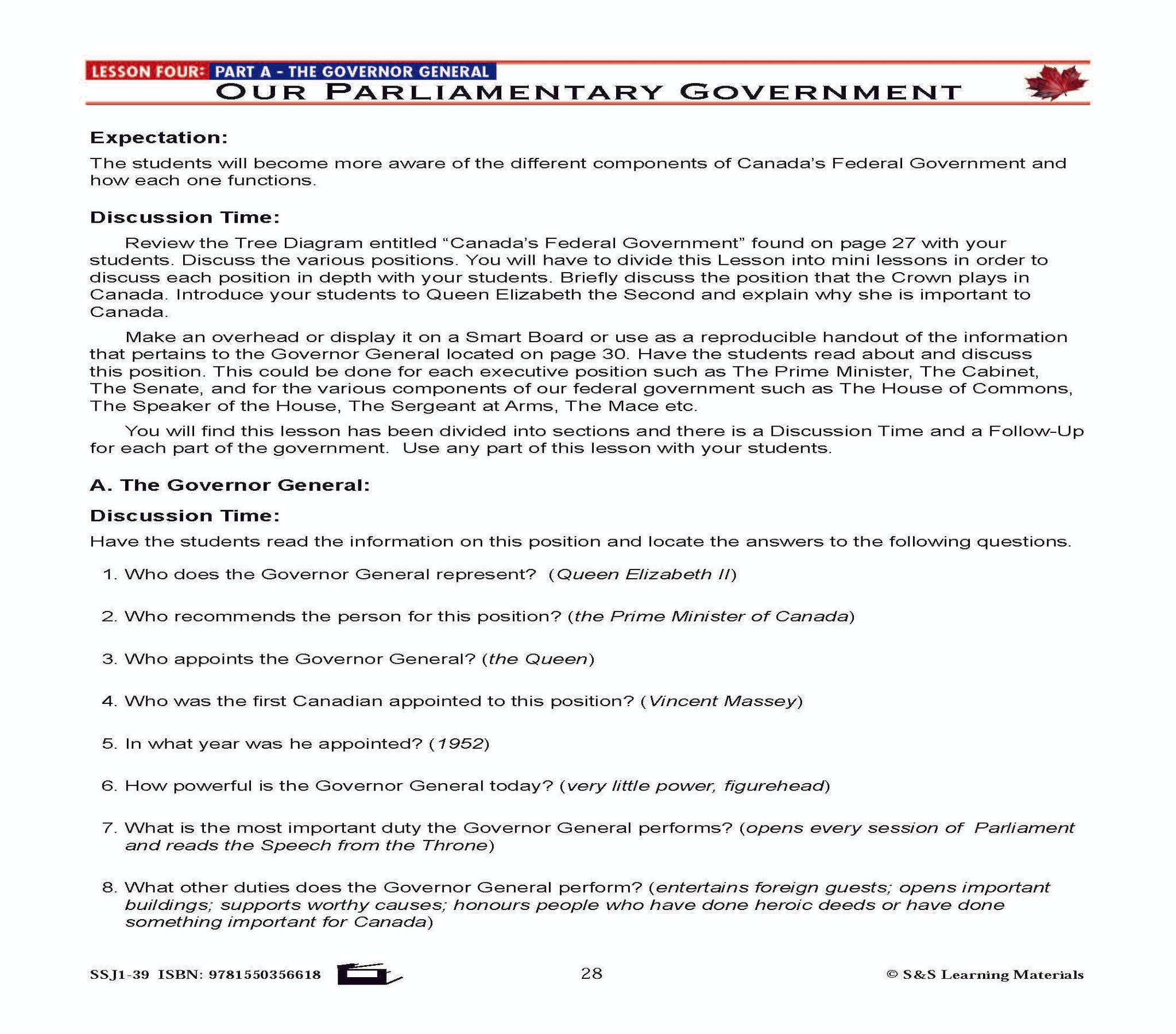 Canadian Government Lesson: Our Parliamentary Government Grades 5+