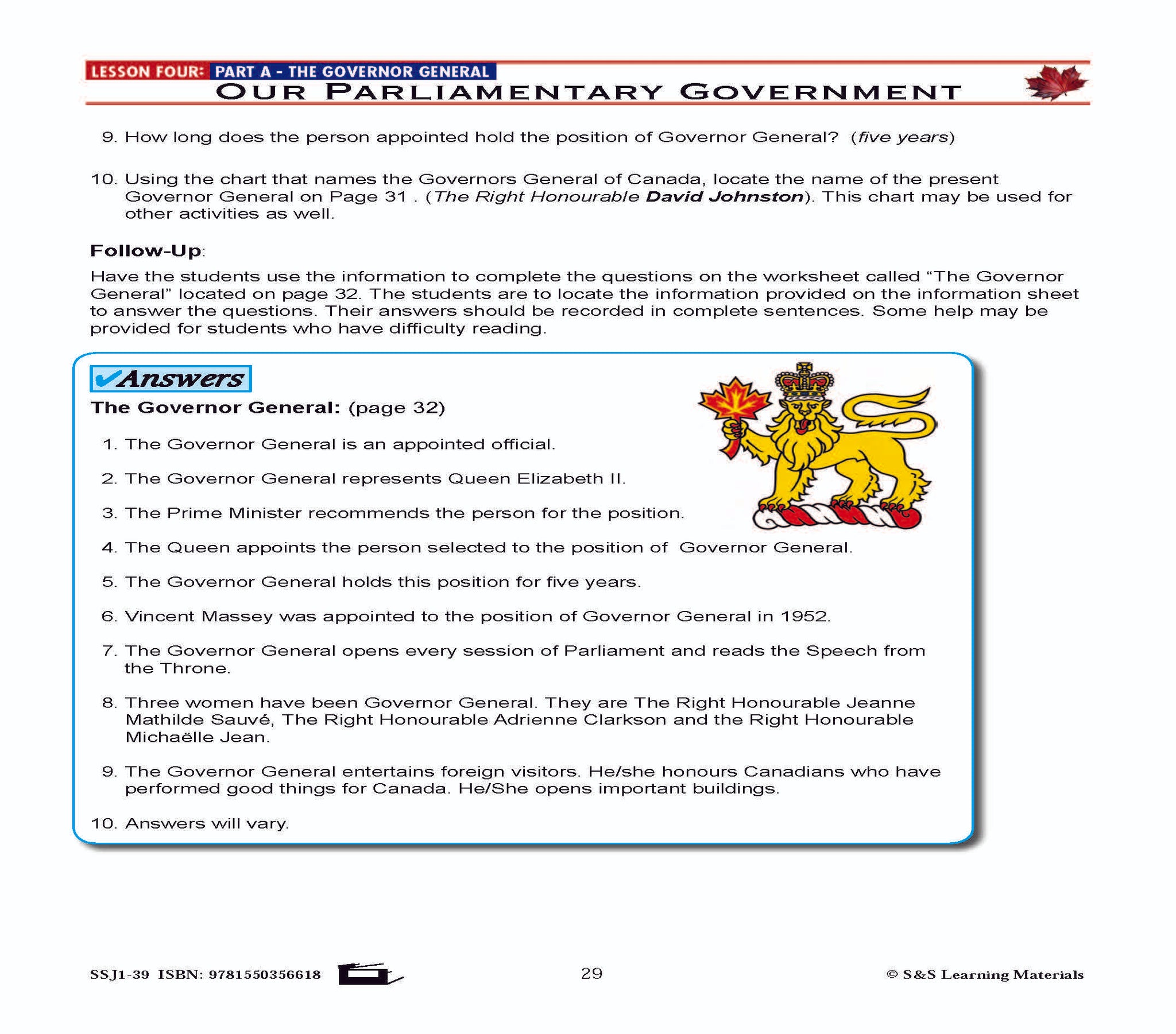 Canadian Government Lesson: Our Parliamentary Government Grades 5+