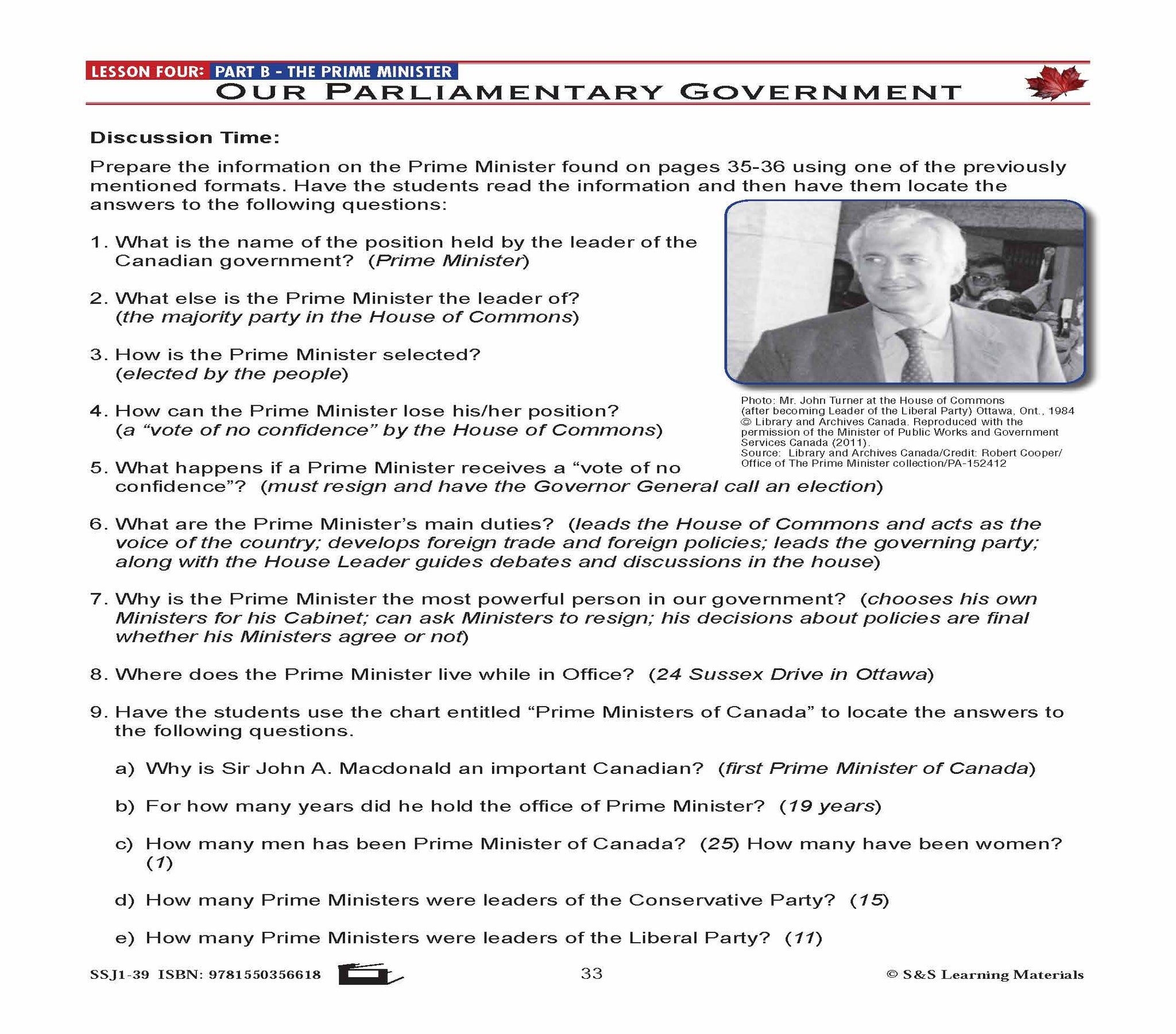 Canadian Government Lesson: Our Parliamentary Government Grades 5+