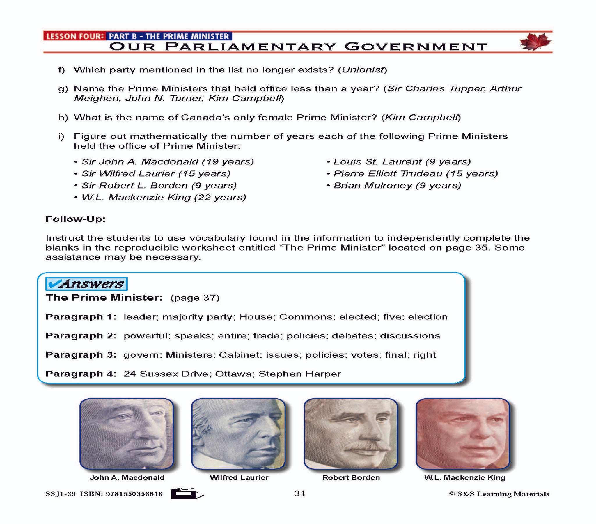 Canadian Government Lesson: Our Parliamentary Government Grades 5+