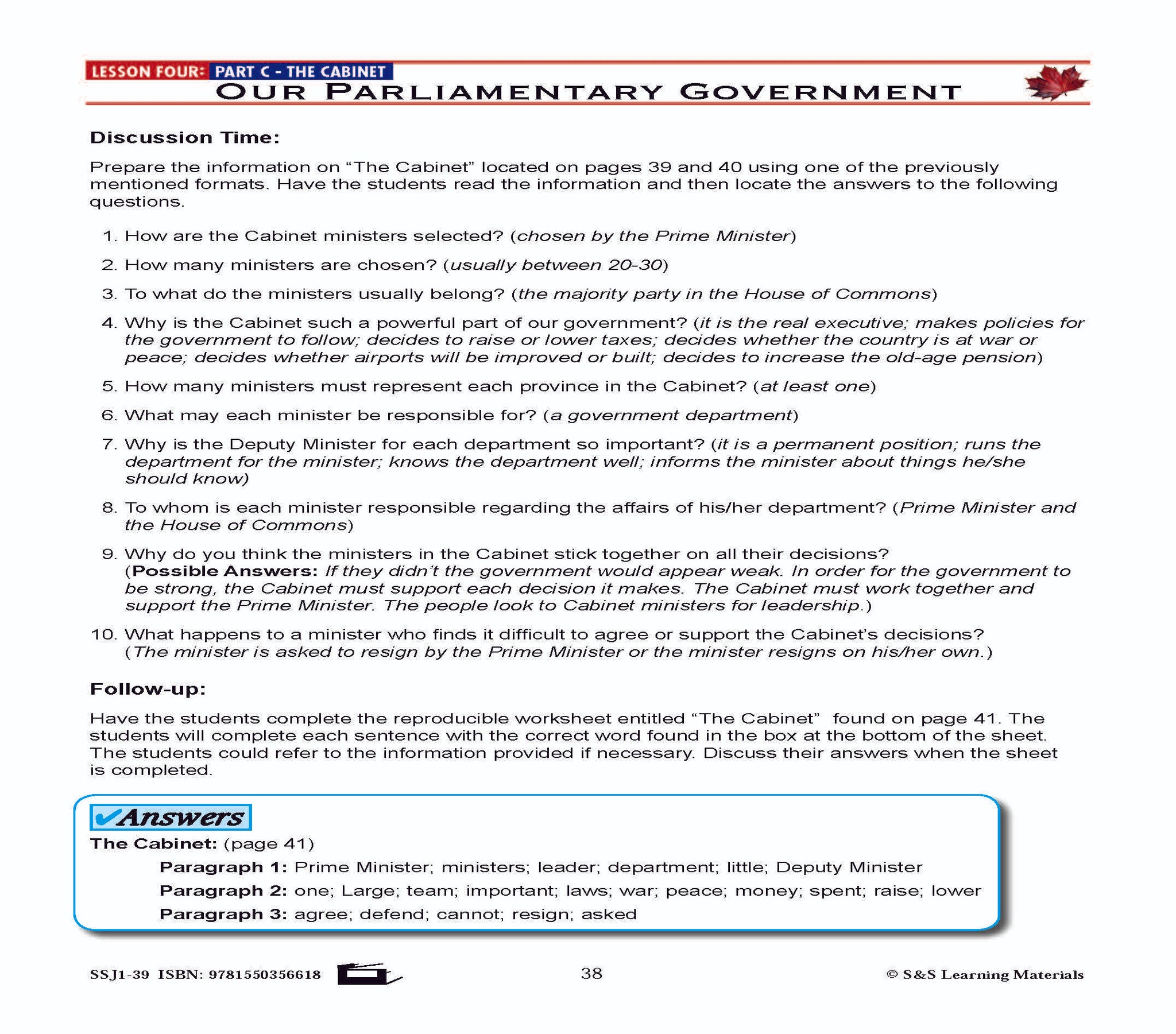 Canadian Government Lesson: Our Parliamentary Government Grades 5+