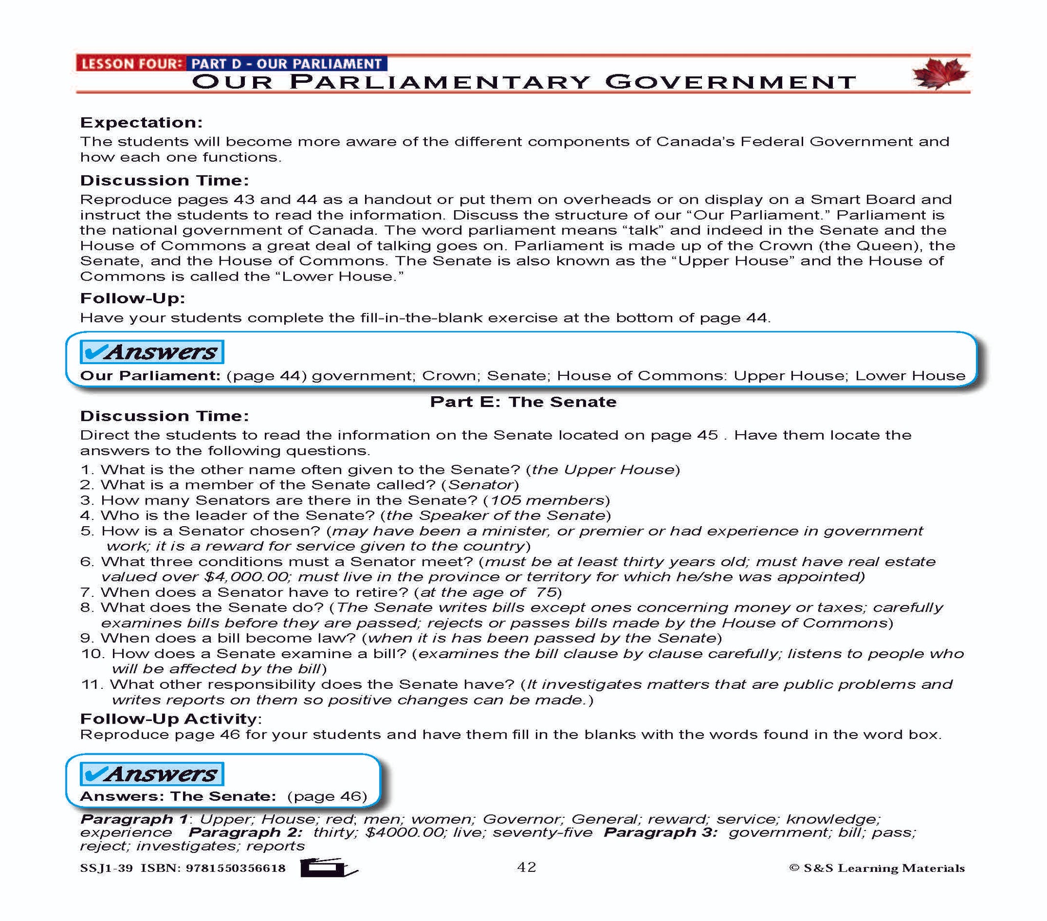 Canadian Government Lesson: Our Parliamentary Government Grades 5+