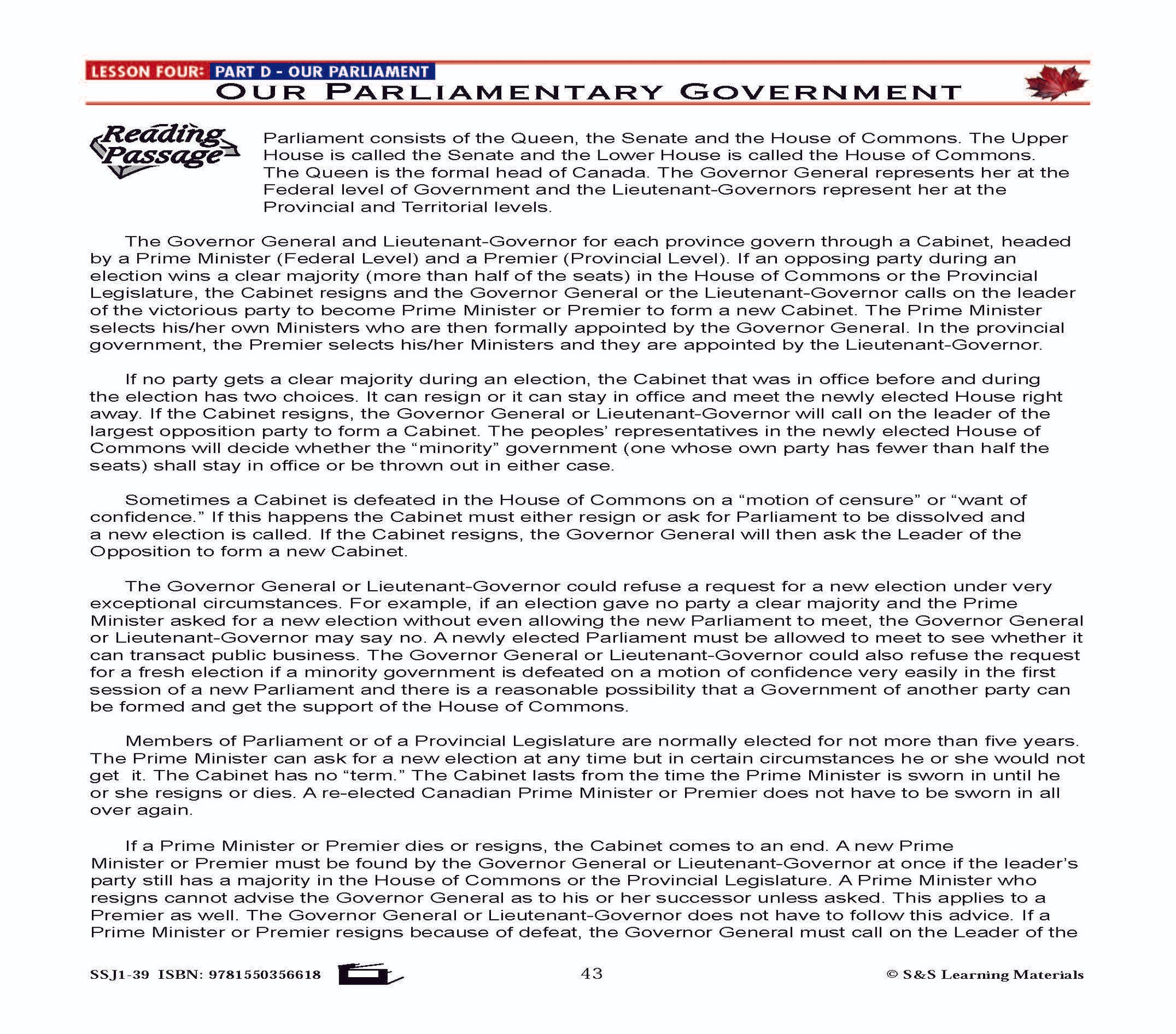 Canadian Government Lesson: Our Parliamentary Government Grades 5+