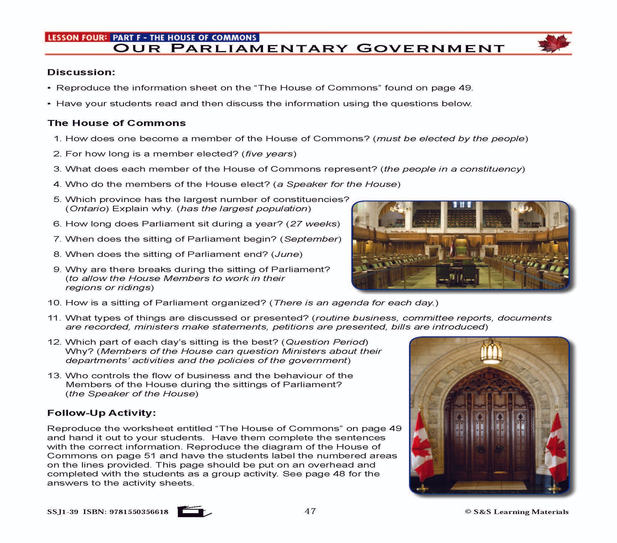 Canadian Government Lesson: Our Parliamentary Government Grades 5+