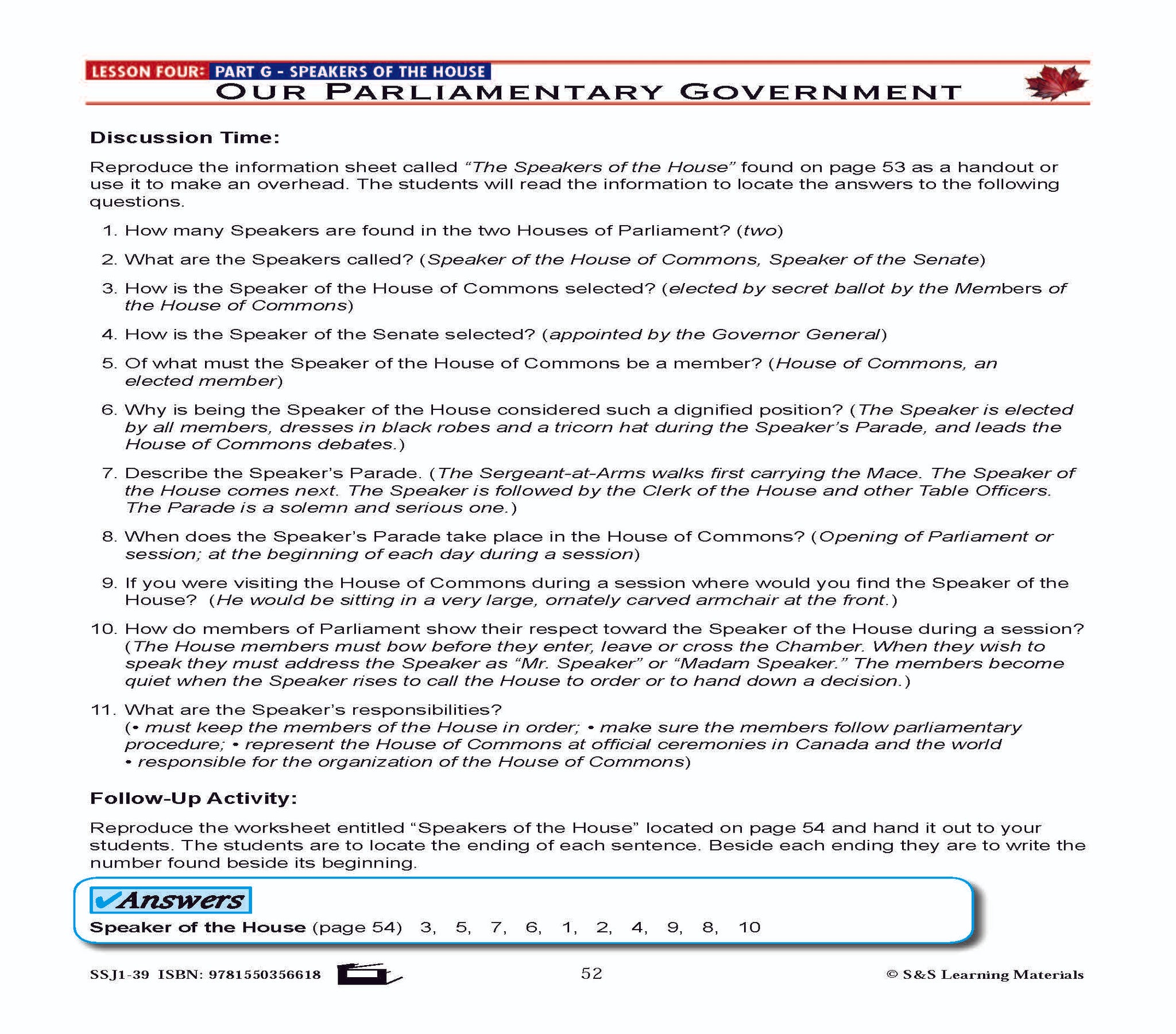 Canadian Government Lesson: Our Parliamentary Government Grades 5+