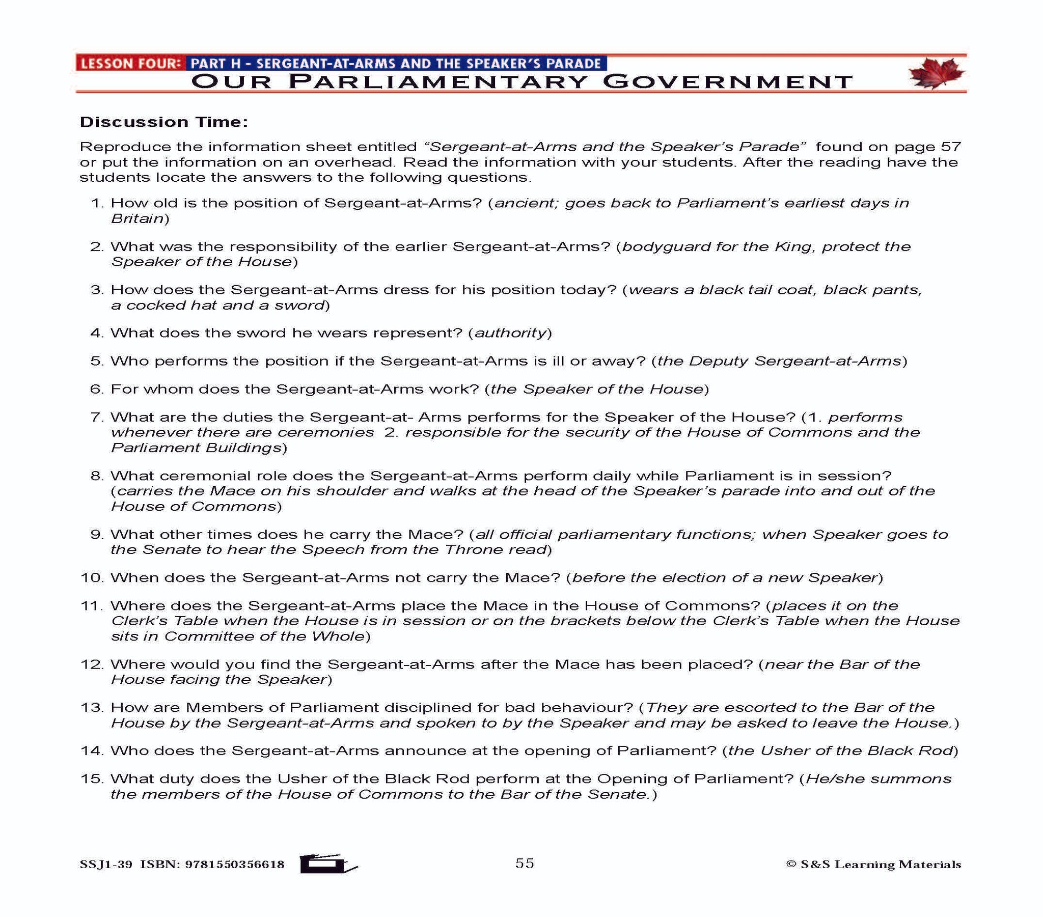 Canadian Government Lesson: Our Parliamentary Government Grades 5+