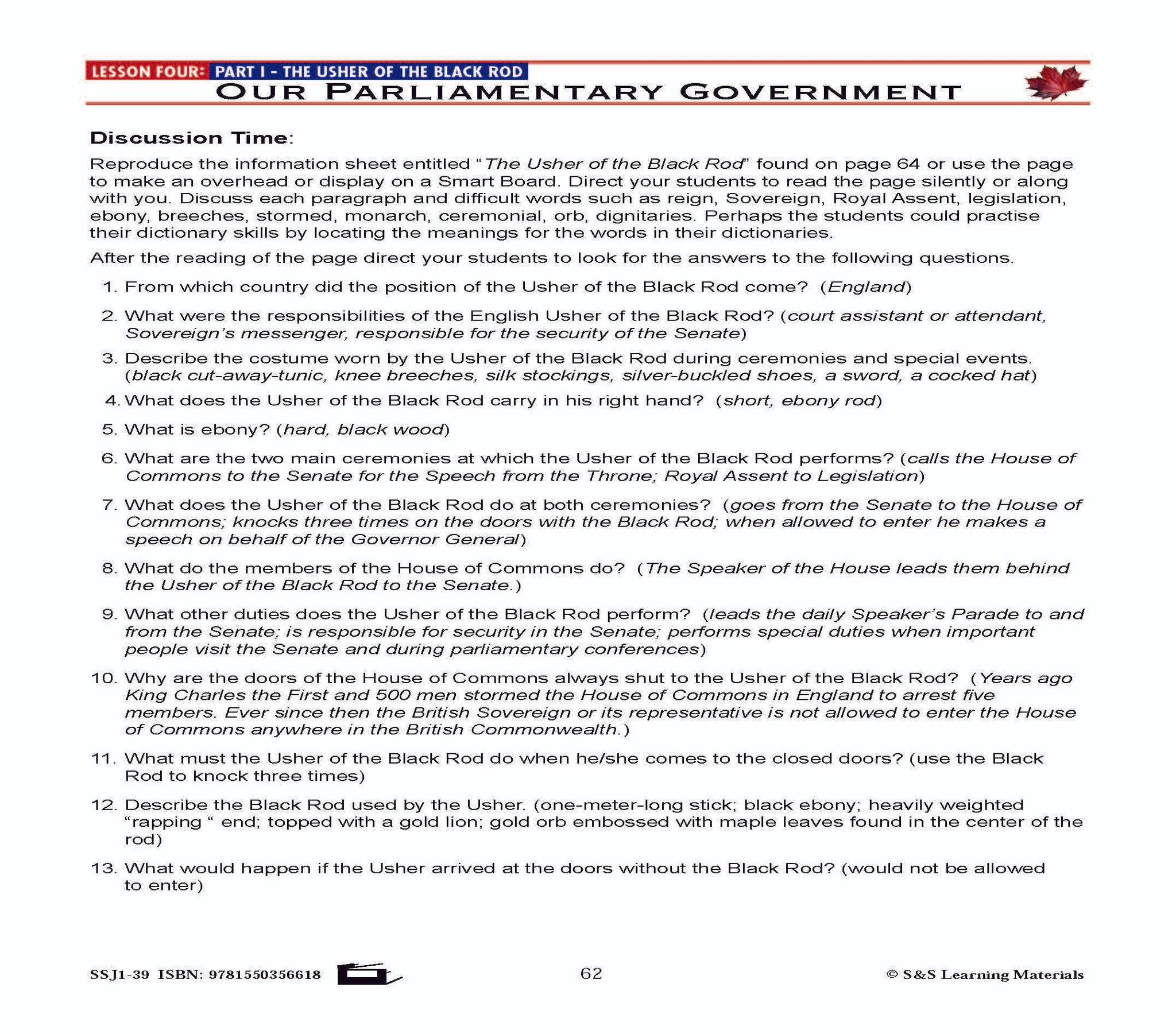 Canadian Government Lesson: Our Parliamentary Government Grades 5+