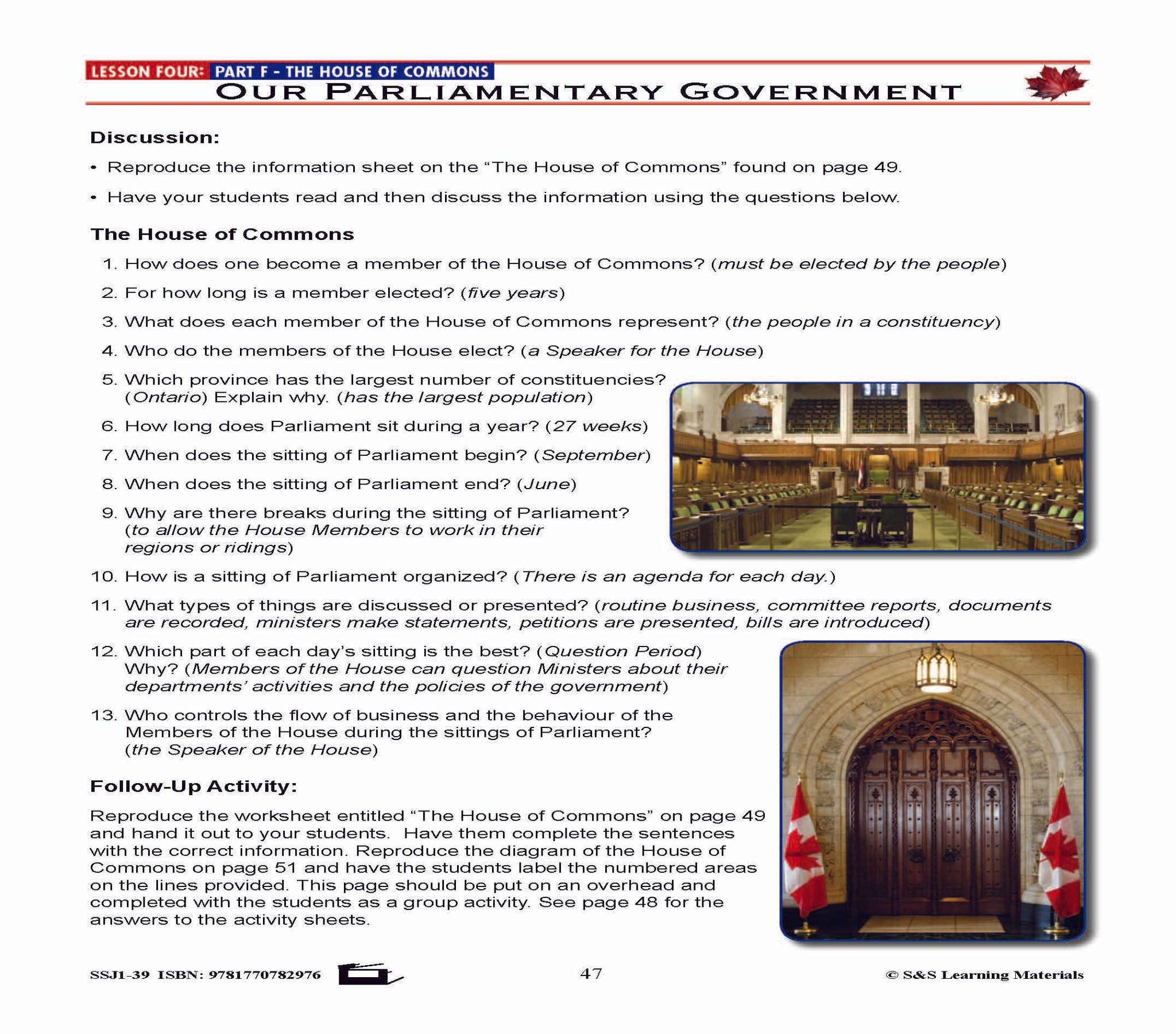 Canadian Government Lesson: The House of Commons Grades 5+