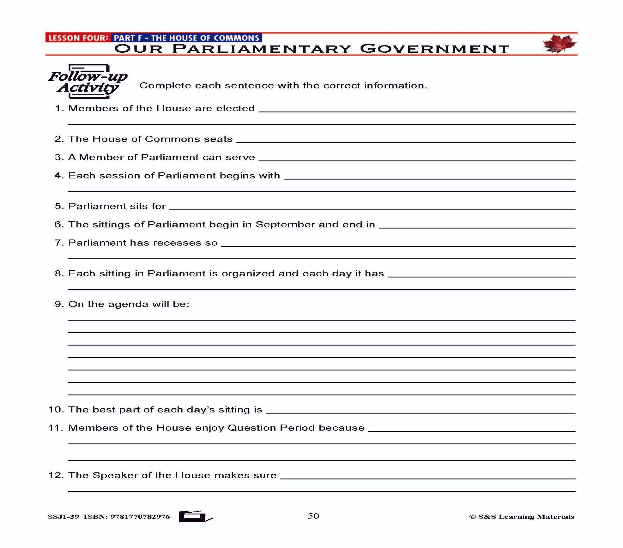 Canadian Government Lesson: The House of Commons Grades 5+