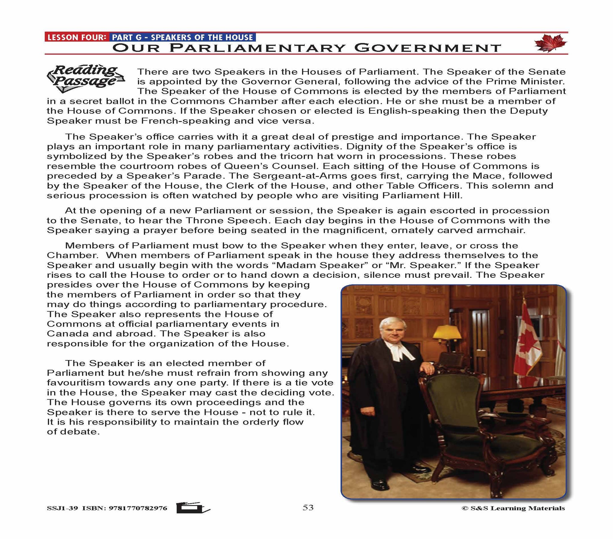 Canadian Government Lesson: Speakers of the House Grades 5+