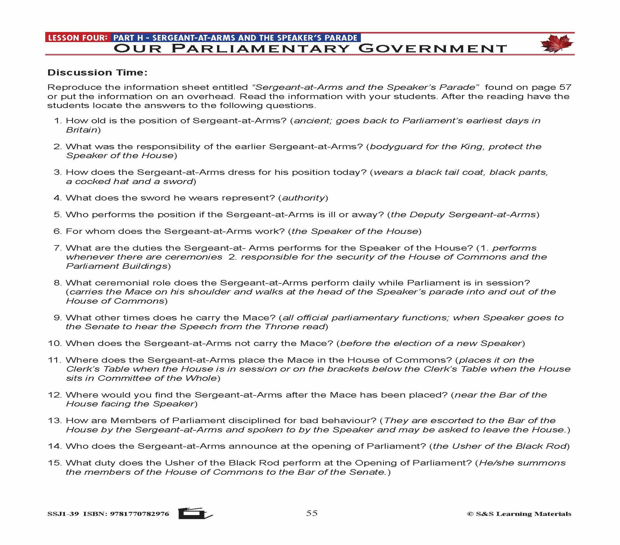 Canadian Government Lesson: Sergeant-at-Arms, Speaker's Parade Grades 5+