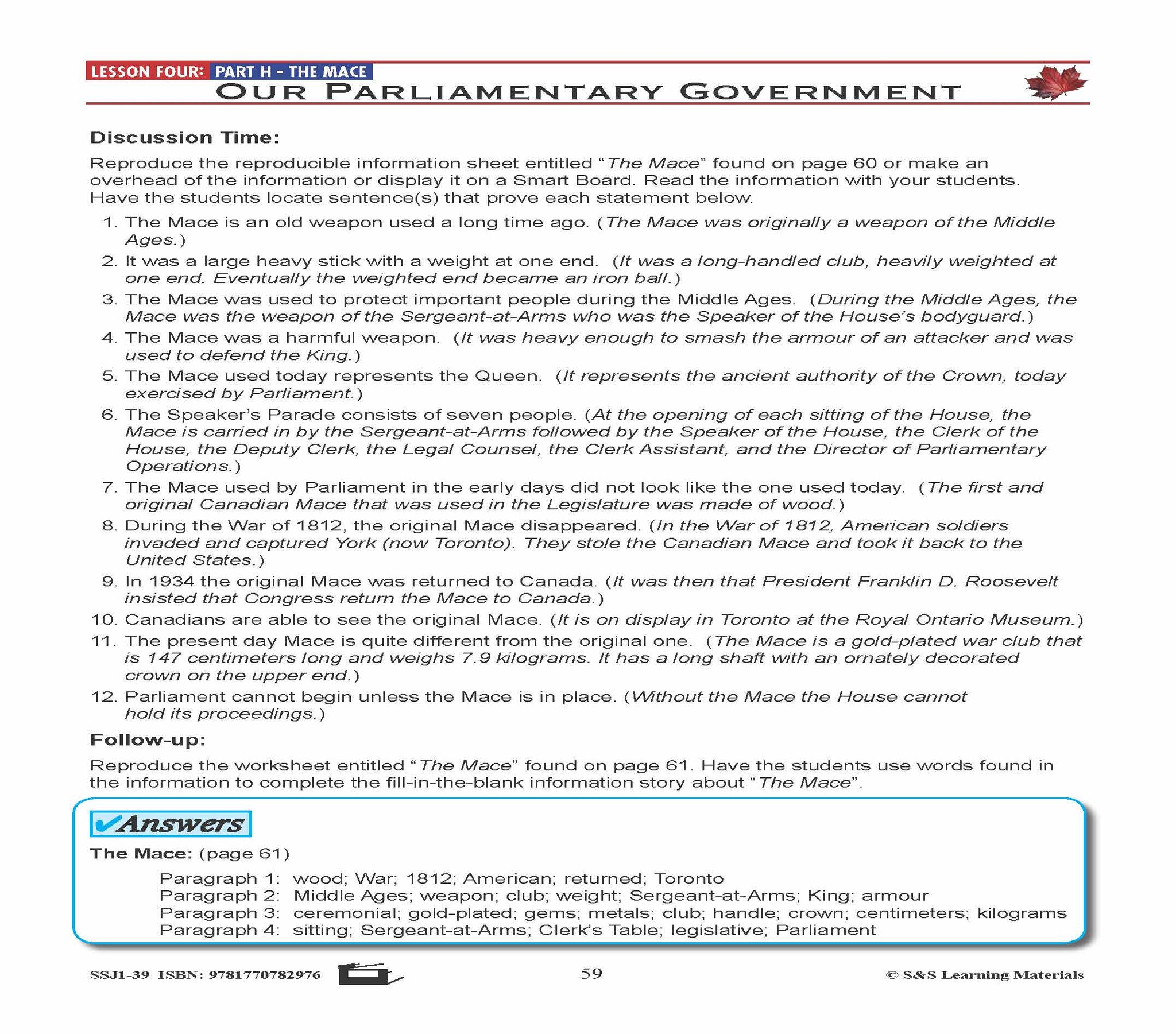 Canadian Government Lesson: Sergeant-at-Arms, Speaker's Parade Grades 5+