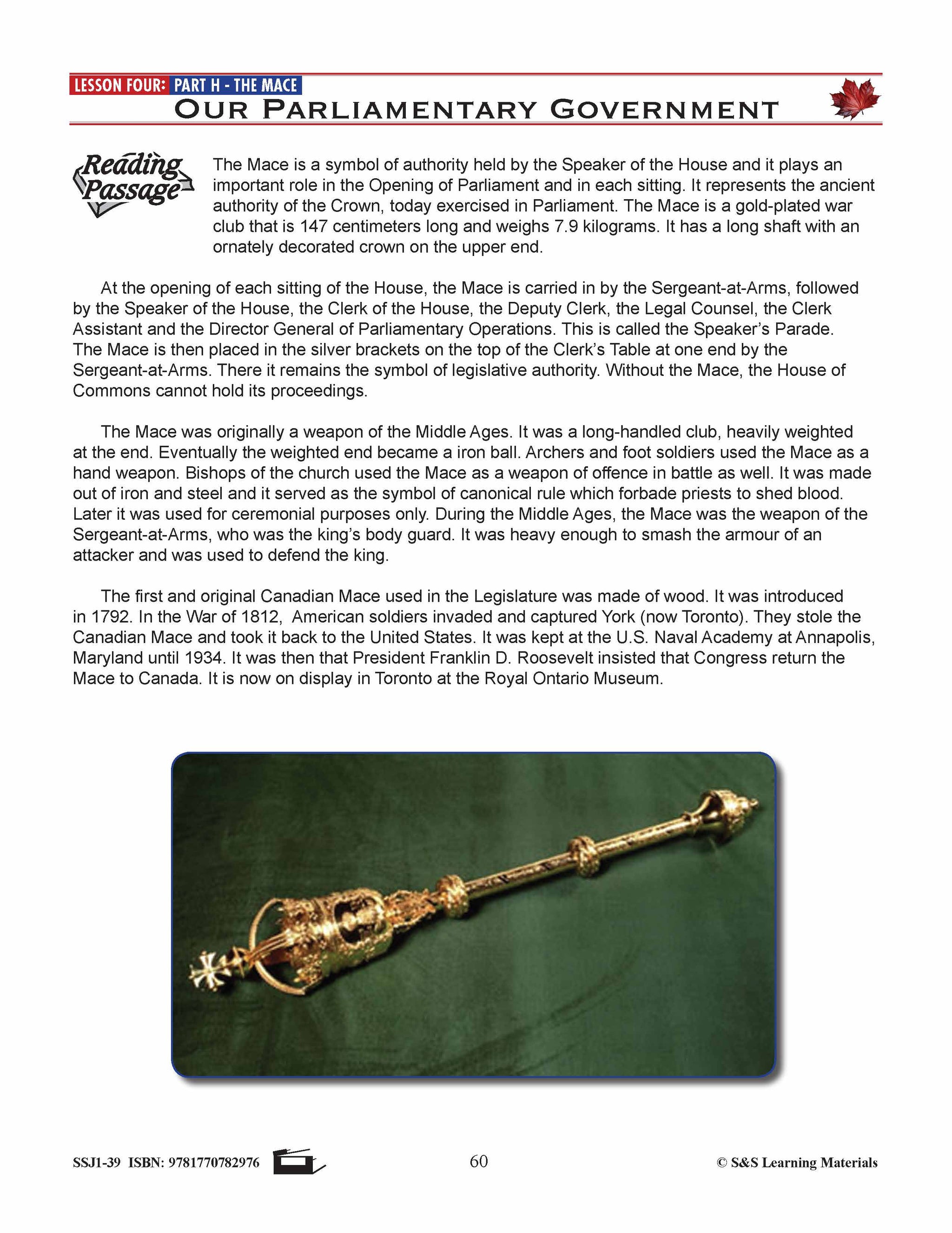 Canadian Government Lesson: Sergeant-at-Arms, Speaker's Parade Grades 5+