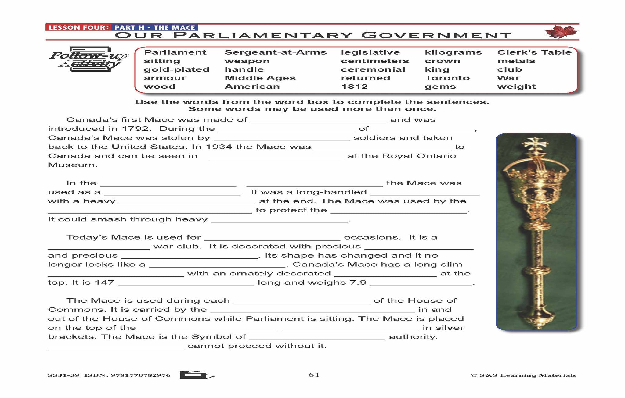 Canadian Government Lesson: Sergeant-at-Arms, Speaker's Parade Grades 5+