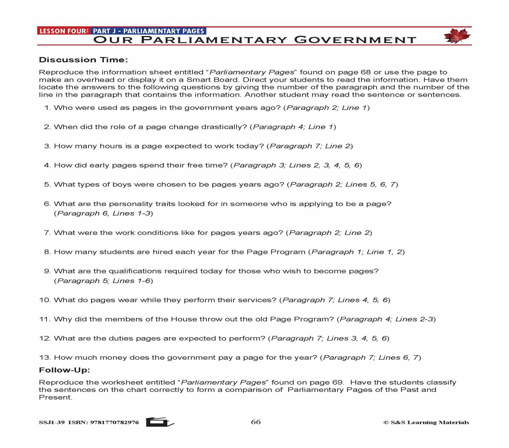 Canadian Government Lesson: Parliamentary Pages Grades 5+