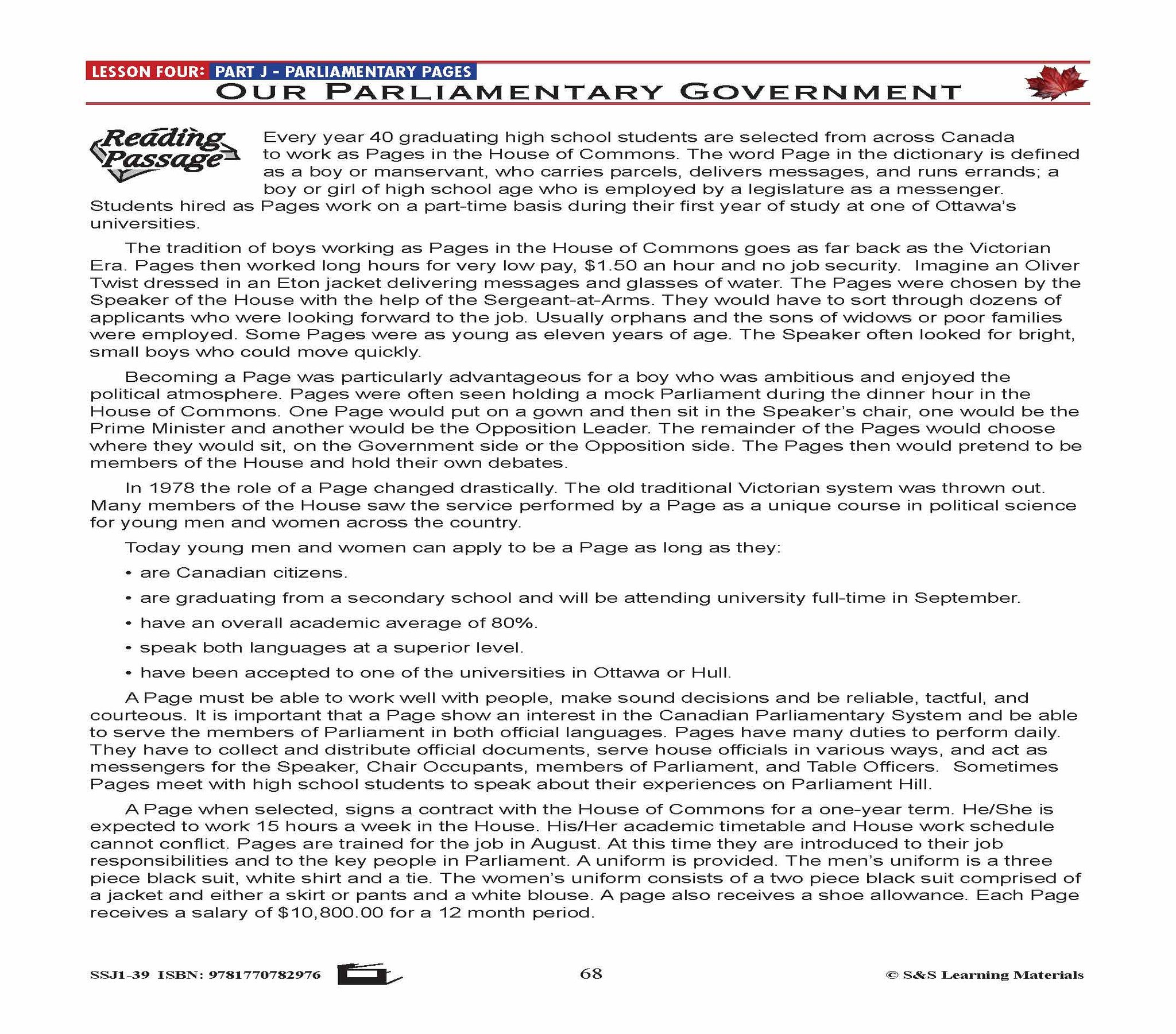 Canadian Government Lesson: Parliamentary Pages Grades 5+