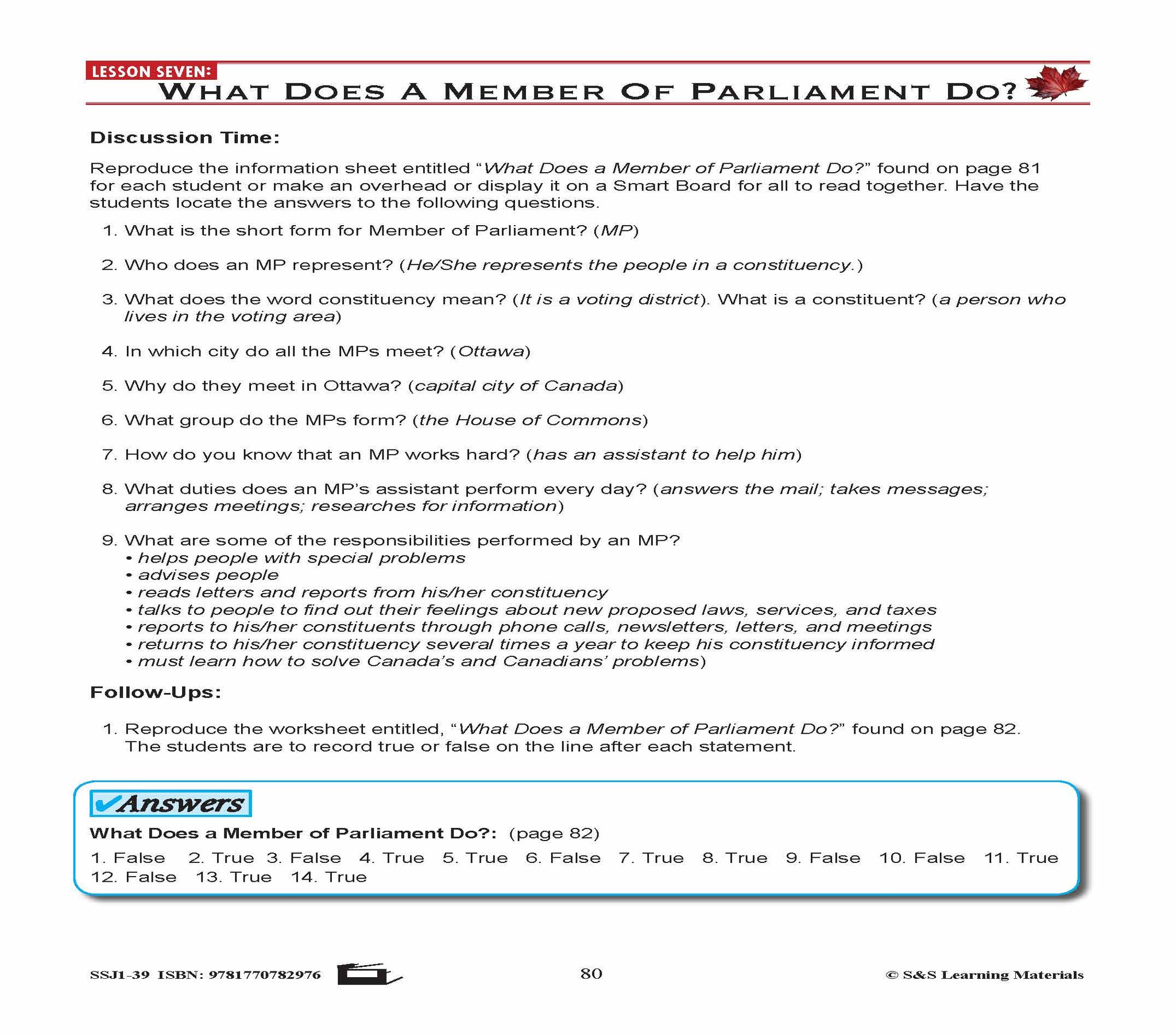 Canadian Government Lesson: What Does a Member of Parliament Do? Grades 5+
