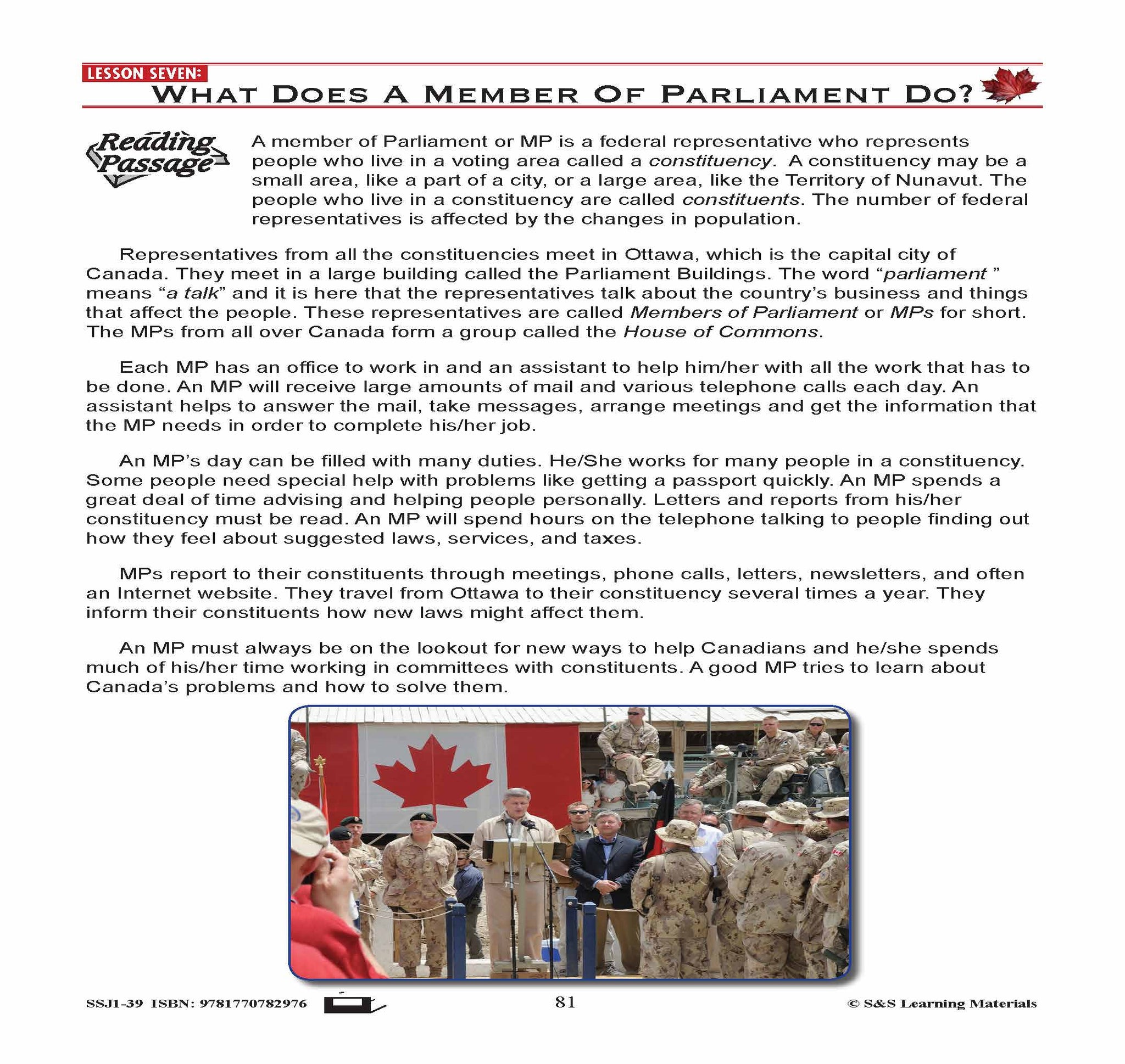 Canadian Government Lesson: What Does a Member of Parliament Do? Grades 5+