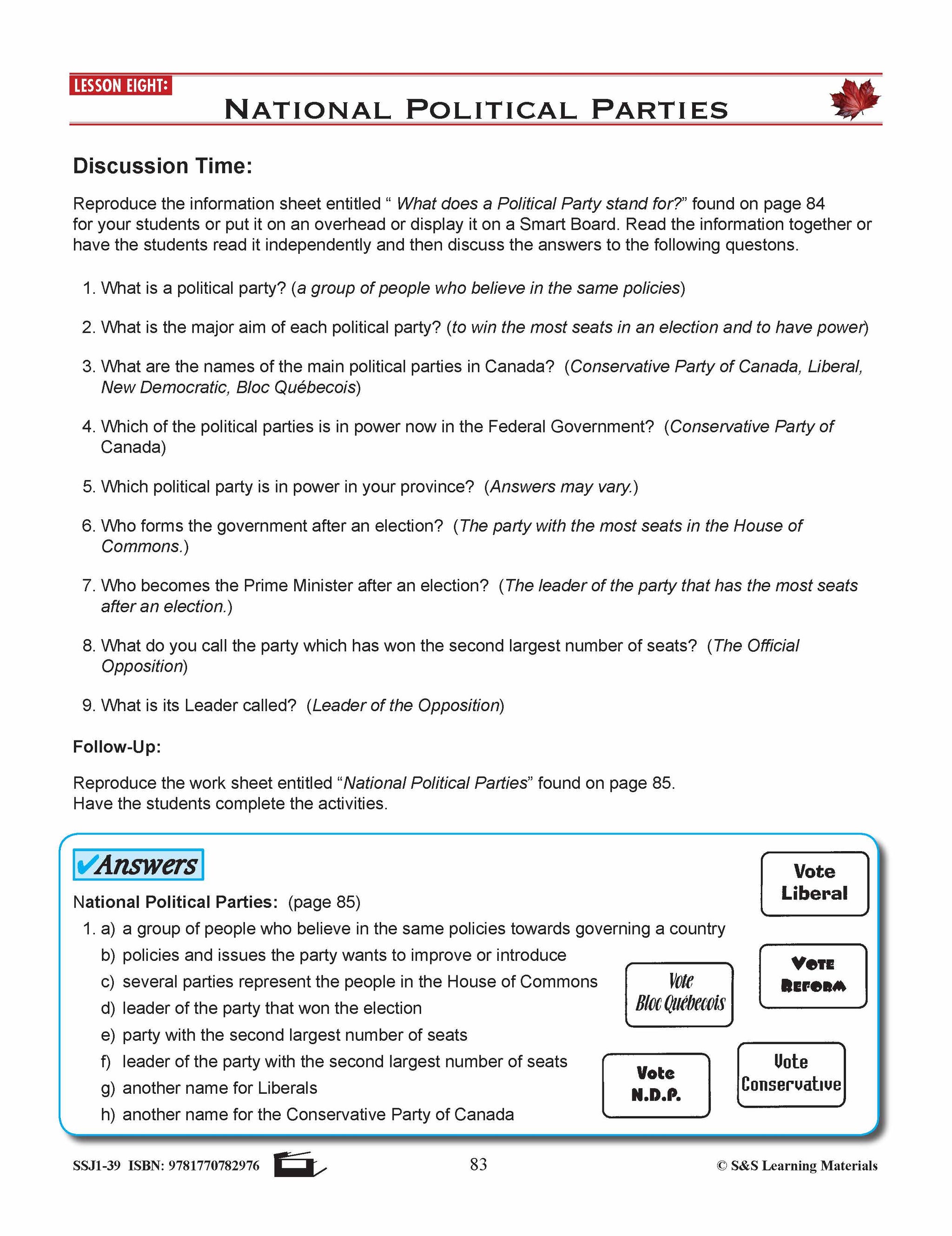 Canadian Government Lesson: National Political Parties Grades 5+