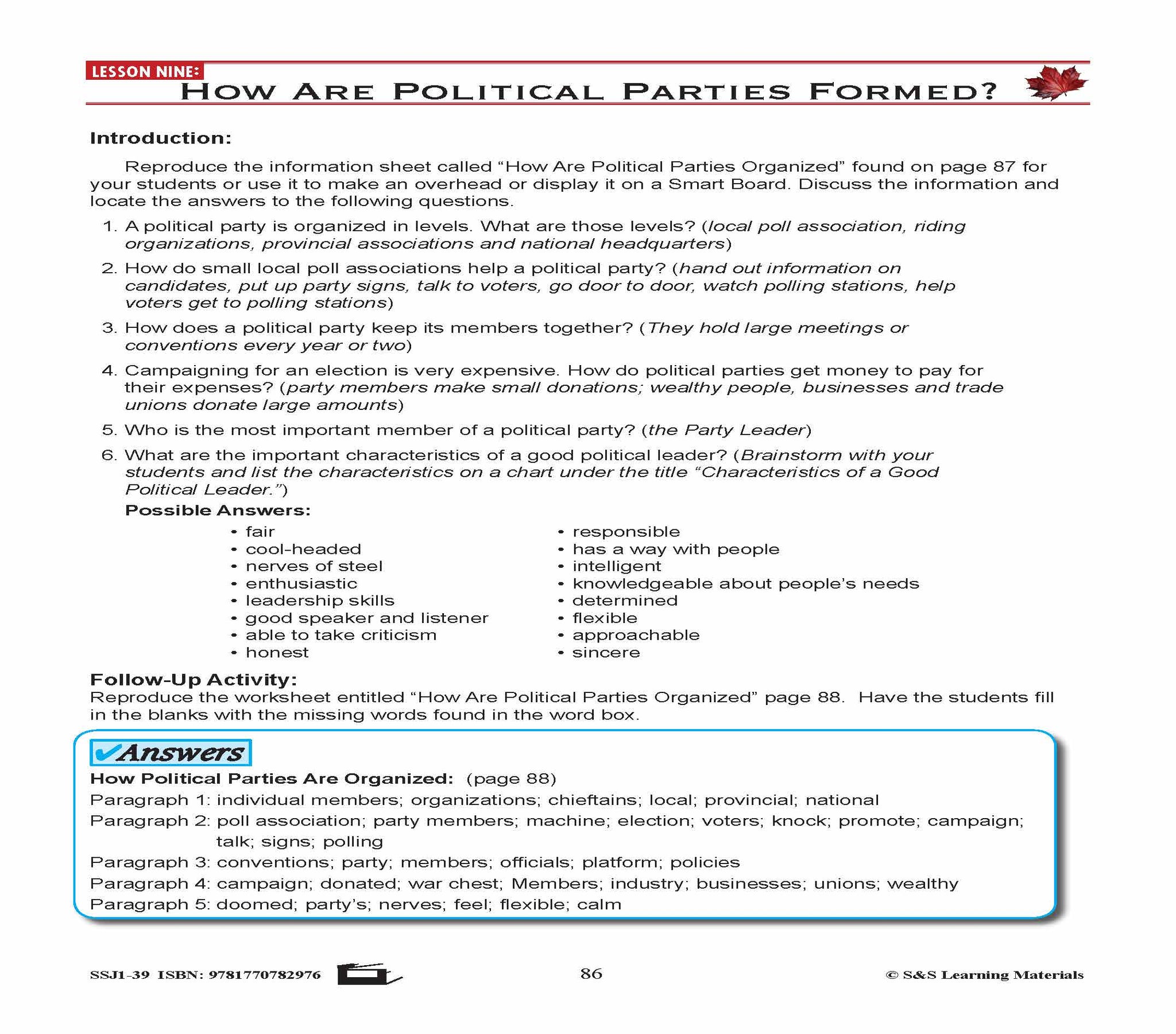 Canadian Government Lesson: How Are Political Parties Formed? Grades 5+
