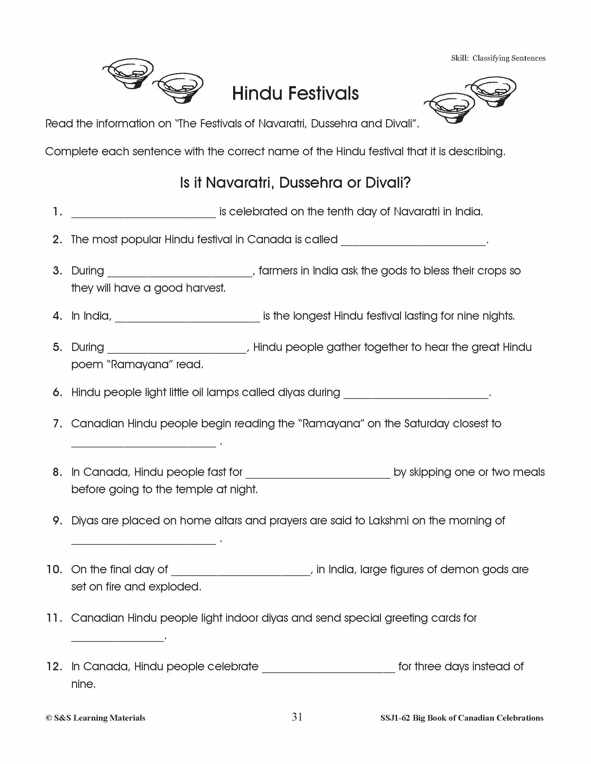 Hindu Festivals Gr. 4-6 Information and Worksheets