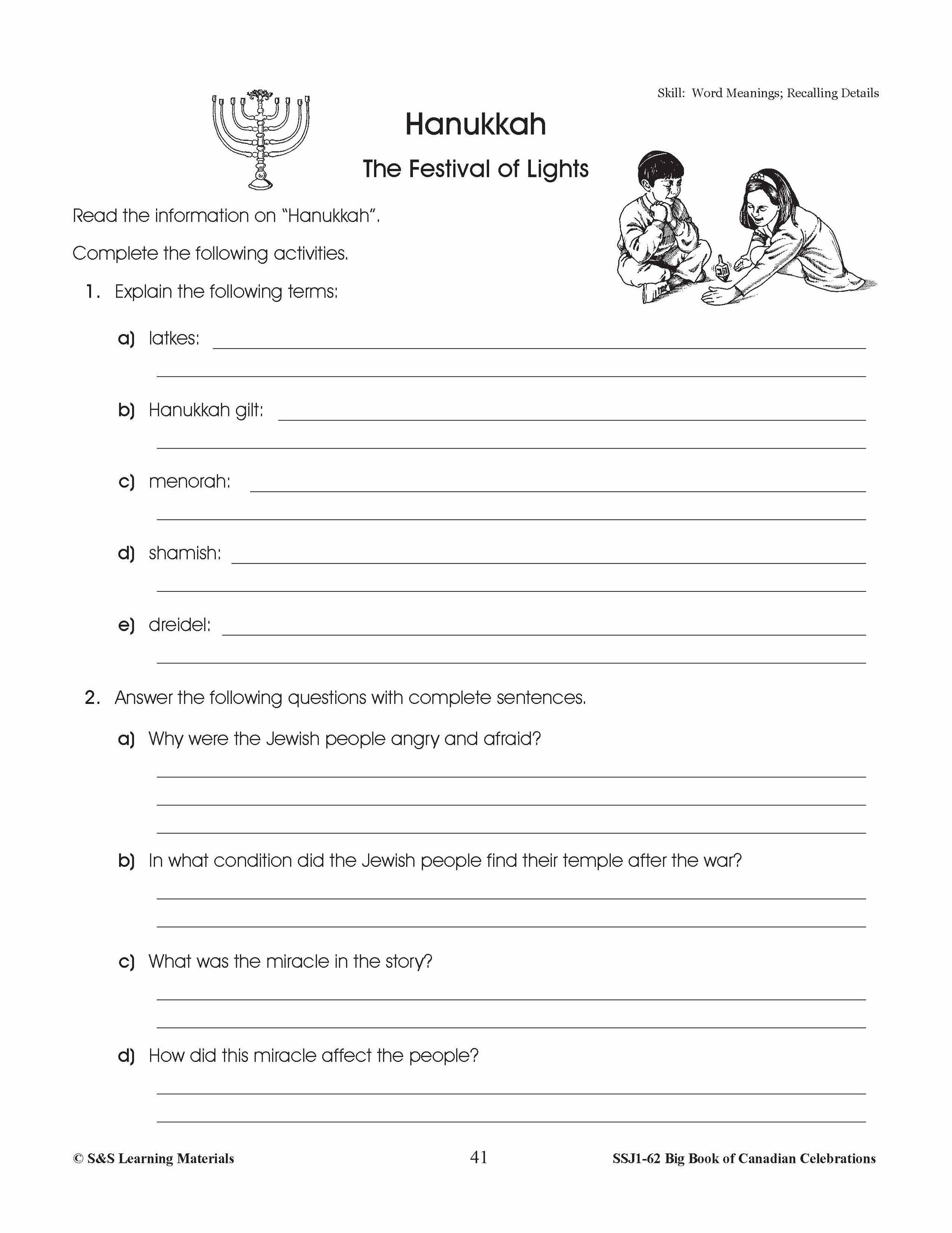 Hanukkah Grades 4-6 Teacher Information & Worksheets