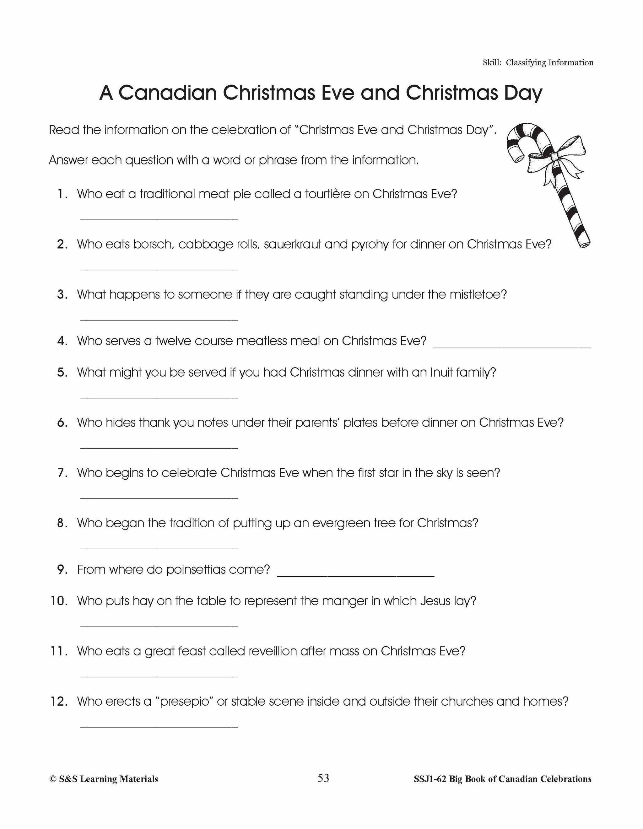 Canadian Christmas Eve and Christmas Day Gr. 4-6 Information and Worksheets
