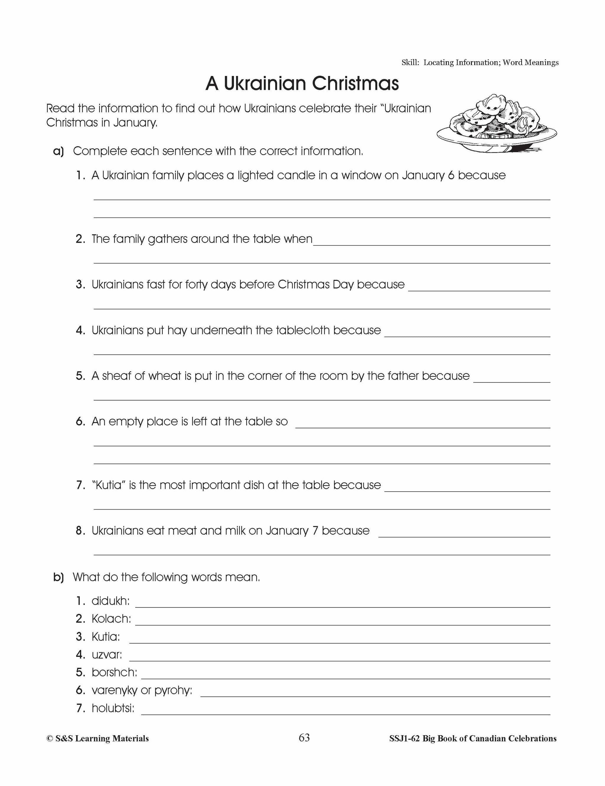 A Ukrainian Christmas Gr. 4-6 Information & Worksheets