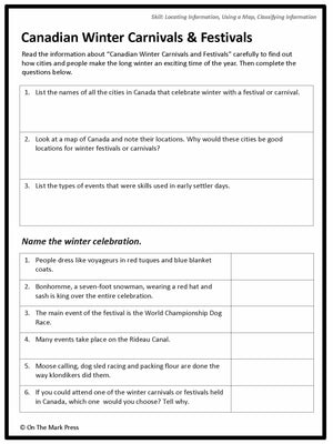 Canadian Winter Carnivals and Festivals Lesson Grades 4-6 Information and Worksheets