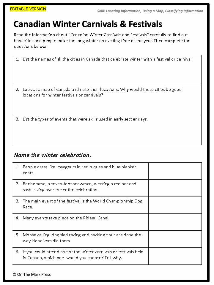 Canadian Winter Carnivals and Festivals Lesson Grades 4-6 Information and Worksheets