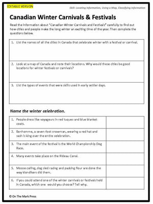 Canadian Winter Carnivals and Festivals Lesson Grades 4-6 Information and Worksheets
