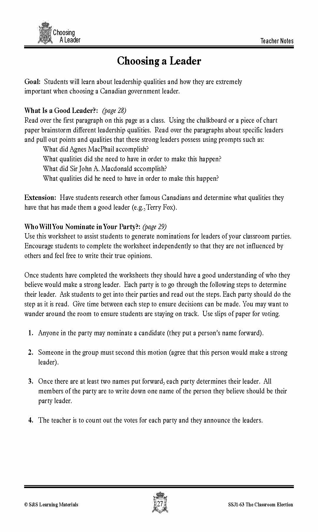 Choosing a Canadian Government Leader Lesson Grades 4-7