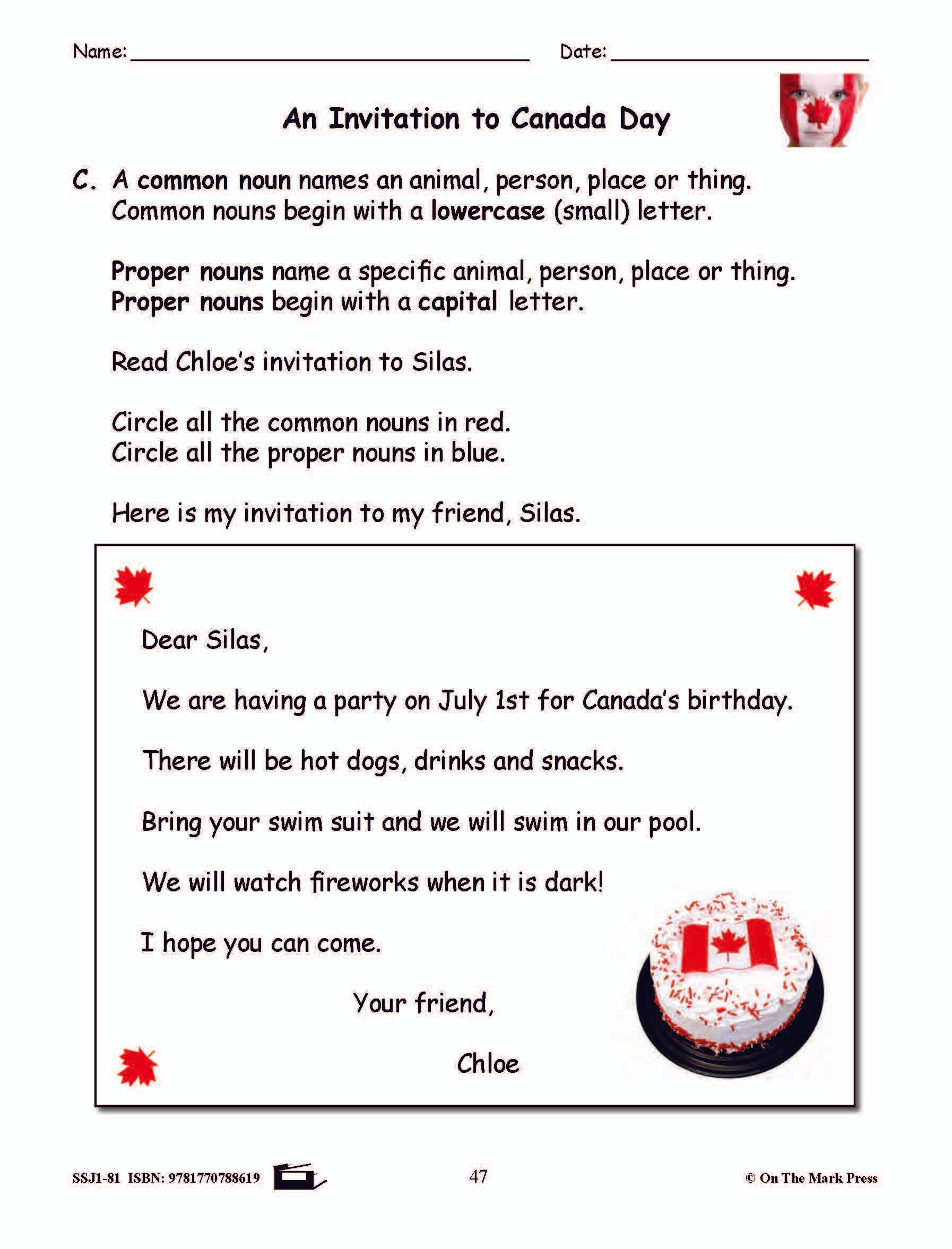 An Invitation to Canada Day Reading Lesson Grade 1