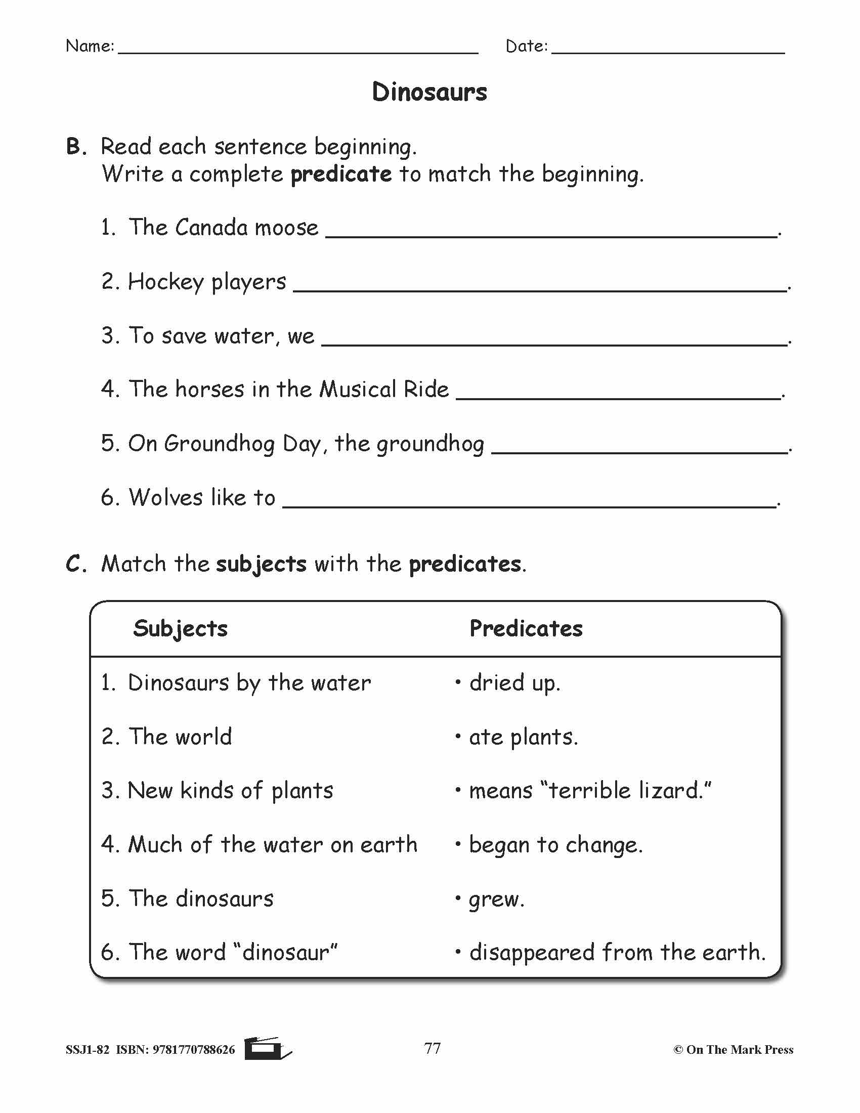 Dinosaurs Grammar Lesson and Worksheets Grade 2