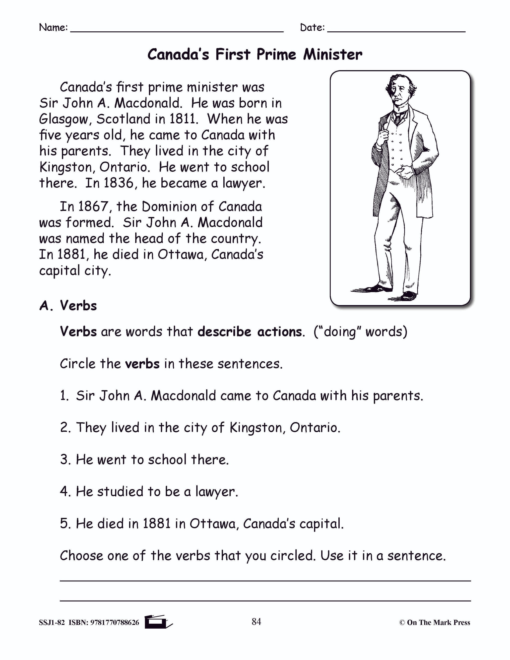 Canada's First Prime Minister Grammar Lesson Grade 2