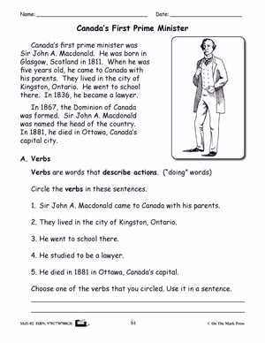 Canada's First Prime Minister Grammar Lesson Grade 2
