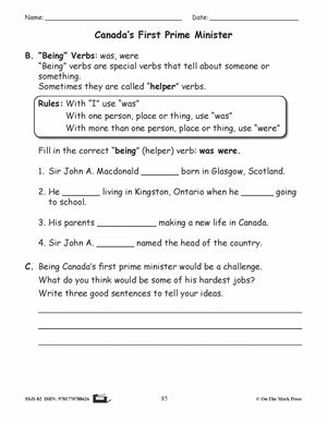 Canada's First Prime Minister Grammar Lesson Grade 2