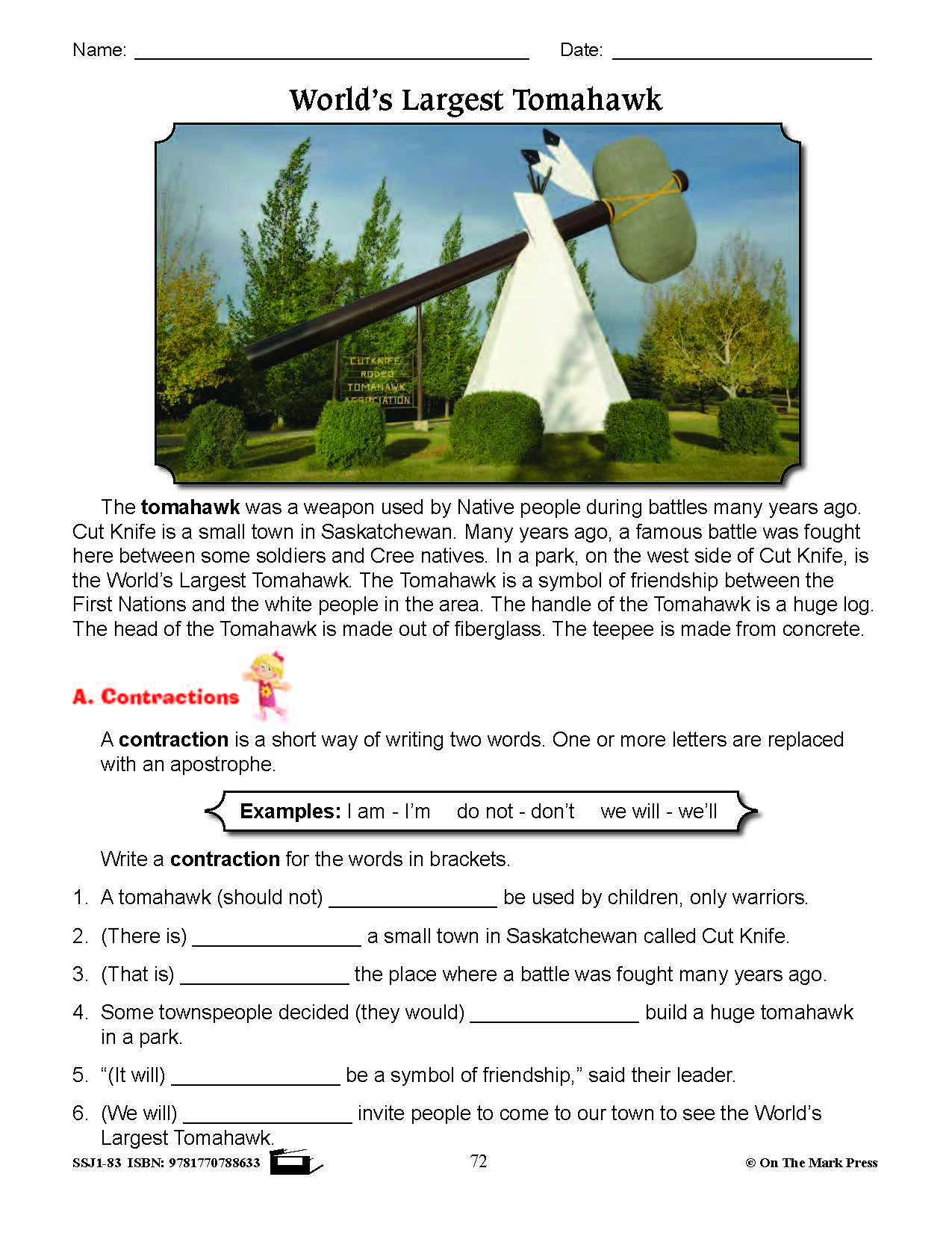 World's Largest Tomahawk Writing & Grammar Lesson Grade 3 (contractions/abbreviation)