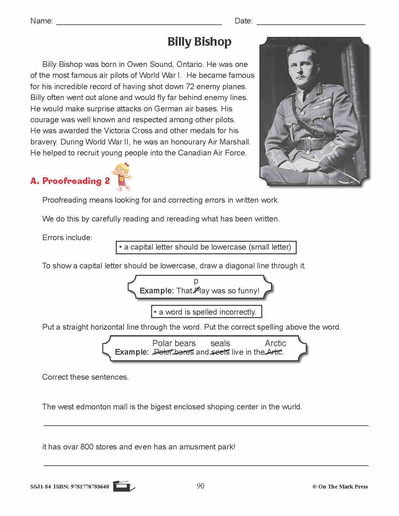 Billy Bishop Writing & Grammar Lesson Grade 4 (proofreading)