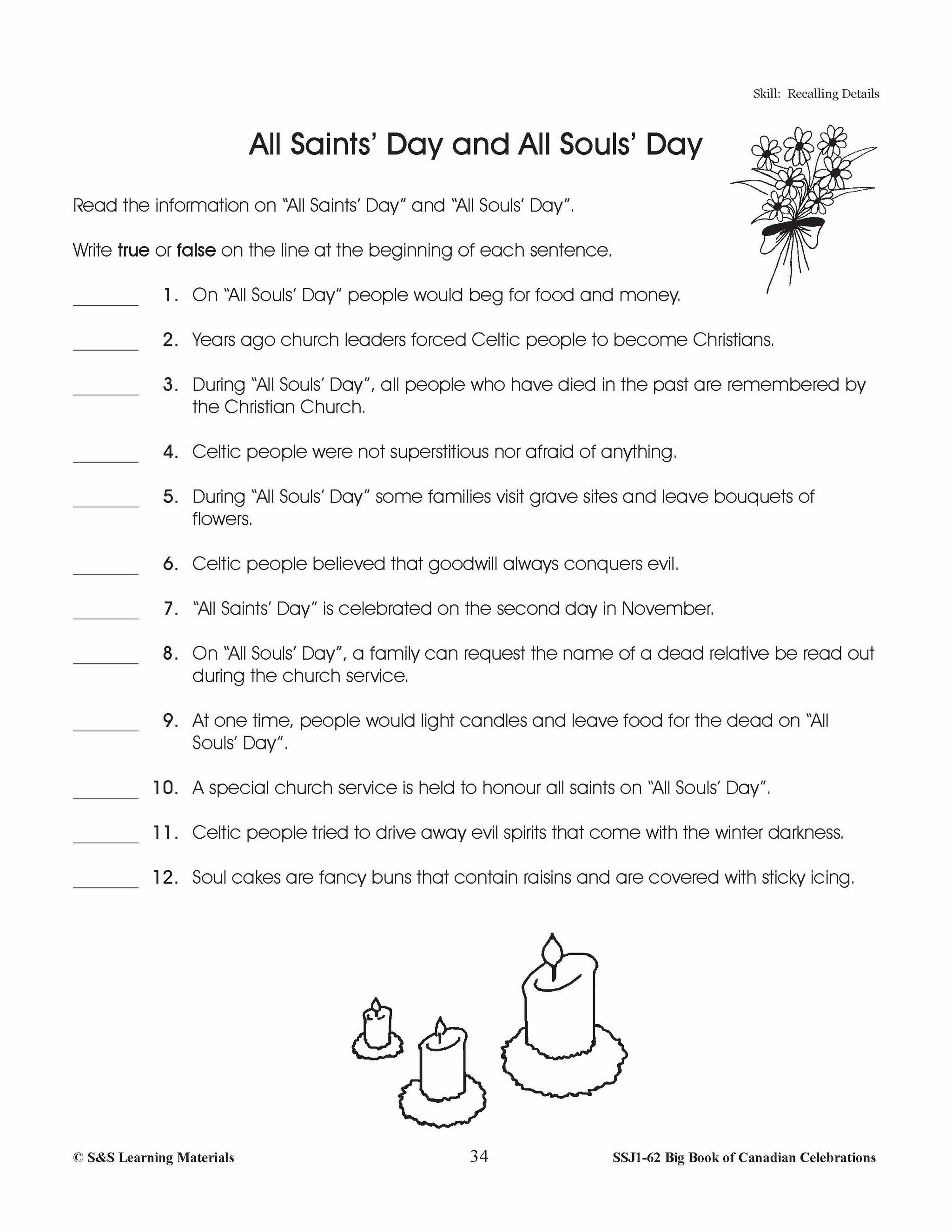 All Saints' Day and All Souls' Day Grade 4-6 Information and Worksheets