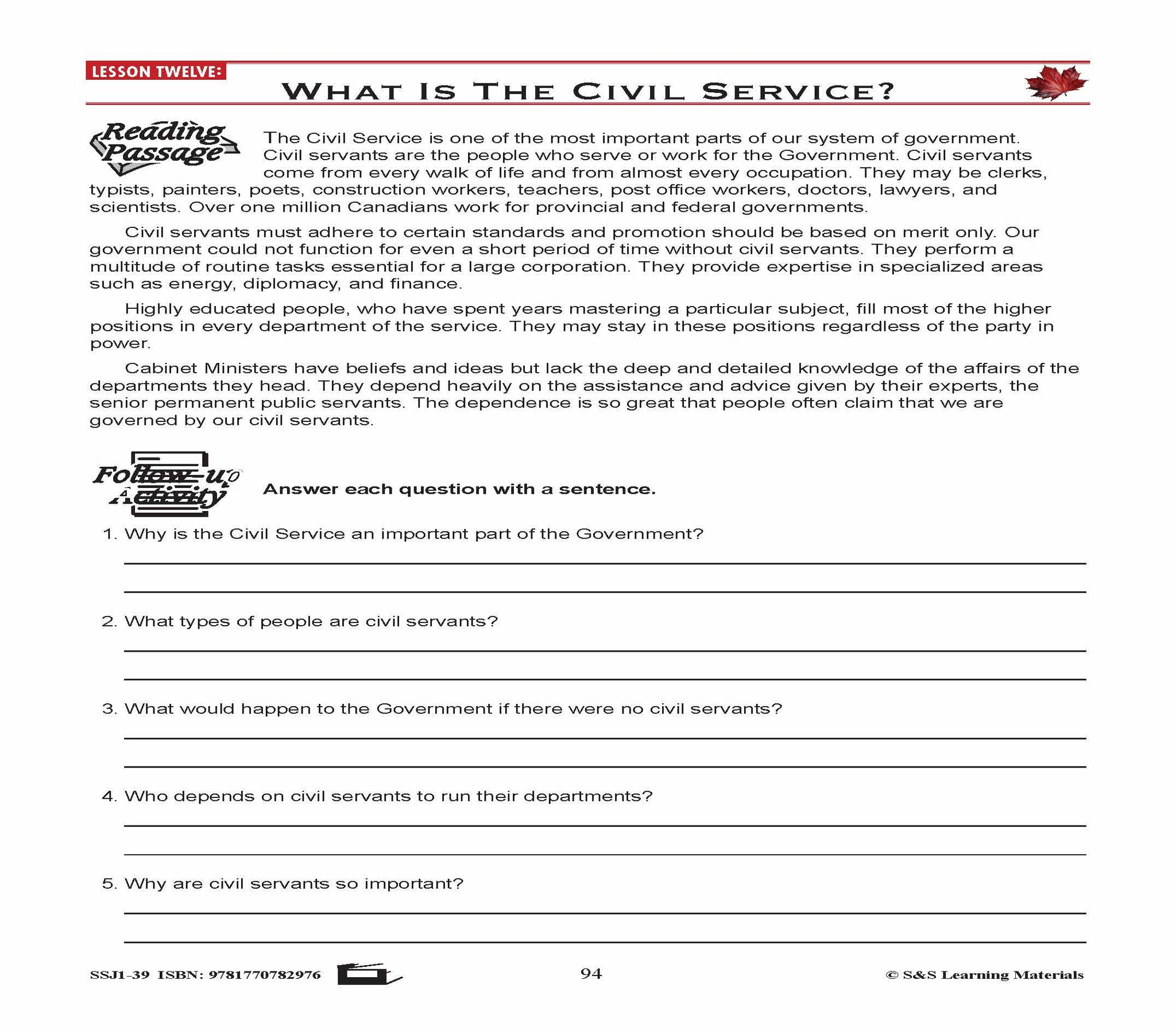 Canadian Government Lesson: What is the Civil Service? Grades 5+