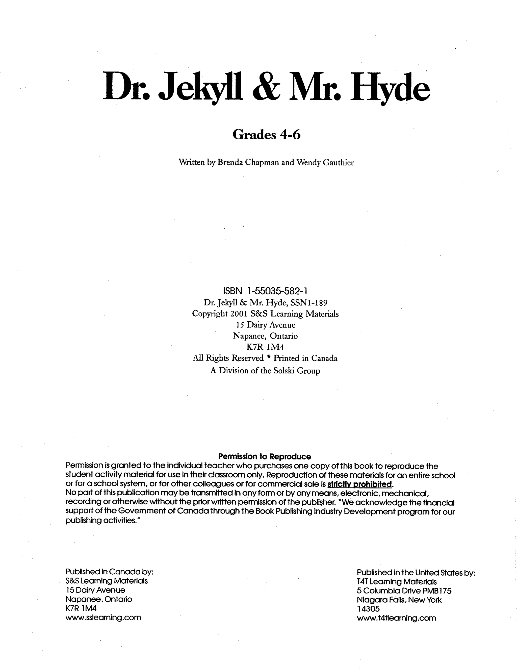 Dr. Jekyll & Mr. Hyde Lit Link/Novel Study Guide Gr. 4-6